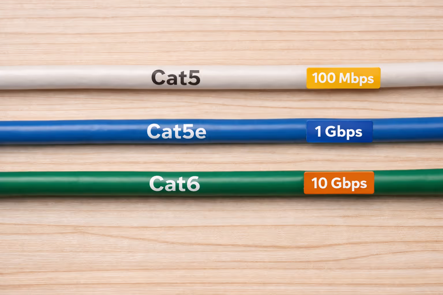 Three Ethernet cables laid parallel on light wooden surface showing Cat5 white Cat5e blue and Cat6 green with visible category markings on cable jackets and speed labels