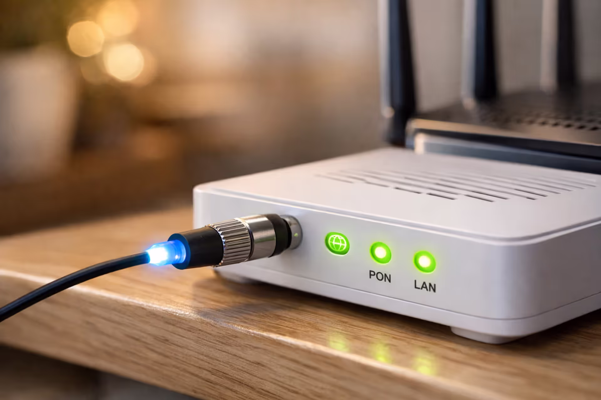 Fiber optic cable with glowing blue tip connected to a white ONT device next to a modern Wi-Fi router on a shelf in a home setting with green LED indicators