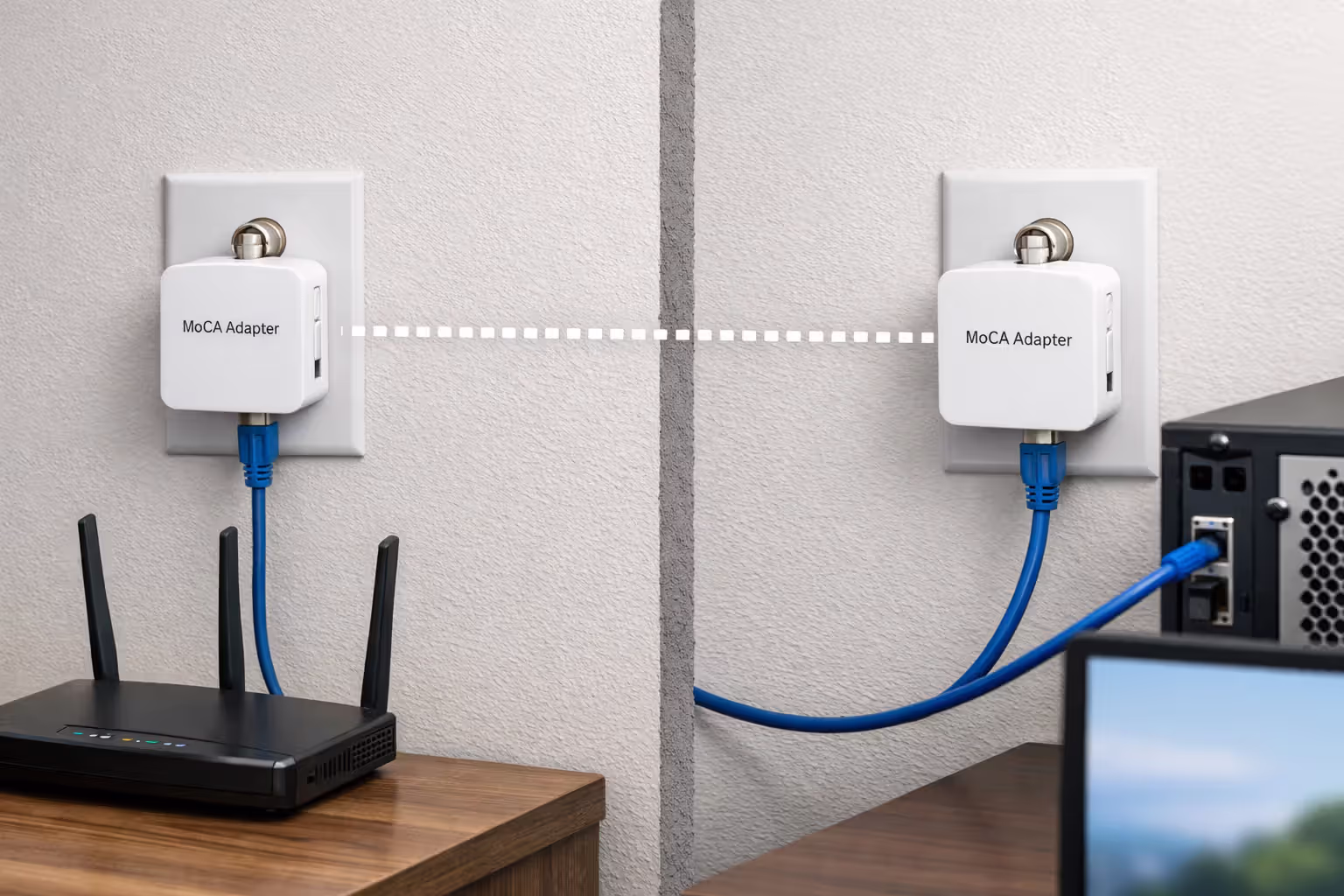 Two MoCA adapters connected to coaxial wall outlets bridging network signal between rooms via coax cable