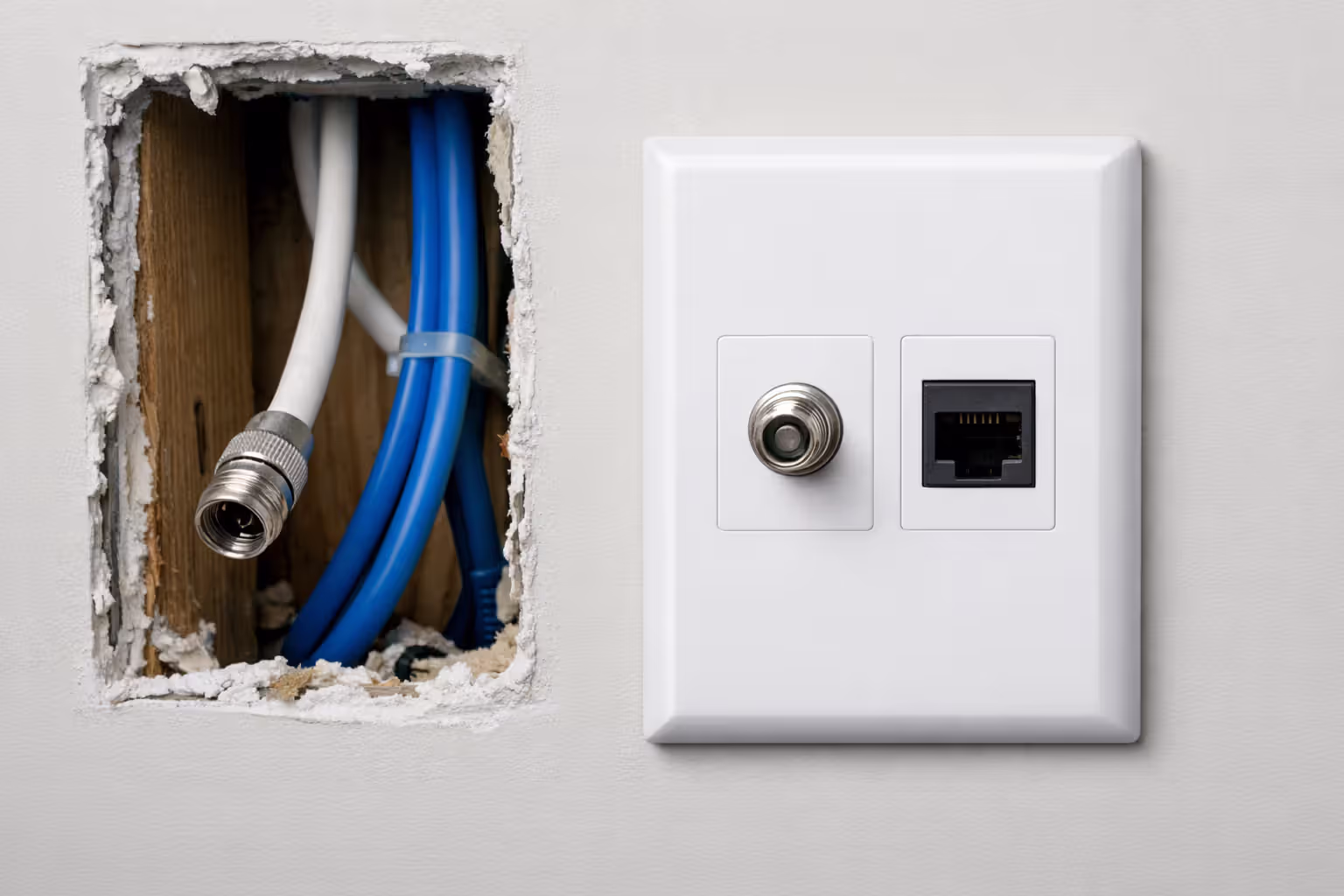 Wall plate with coaxial F-connector and Ethernet RJ45 port showing both cable types inside wall cavity