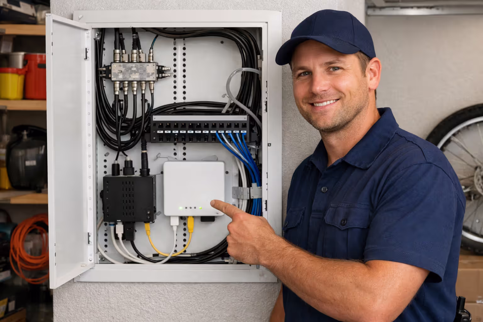 Technician examining a structured wiring panel with ONT, coaxial splitter, and Ethernet patch panel in a home garage
