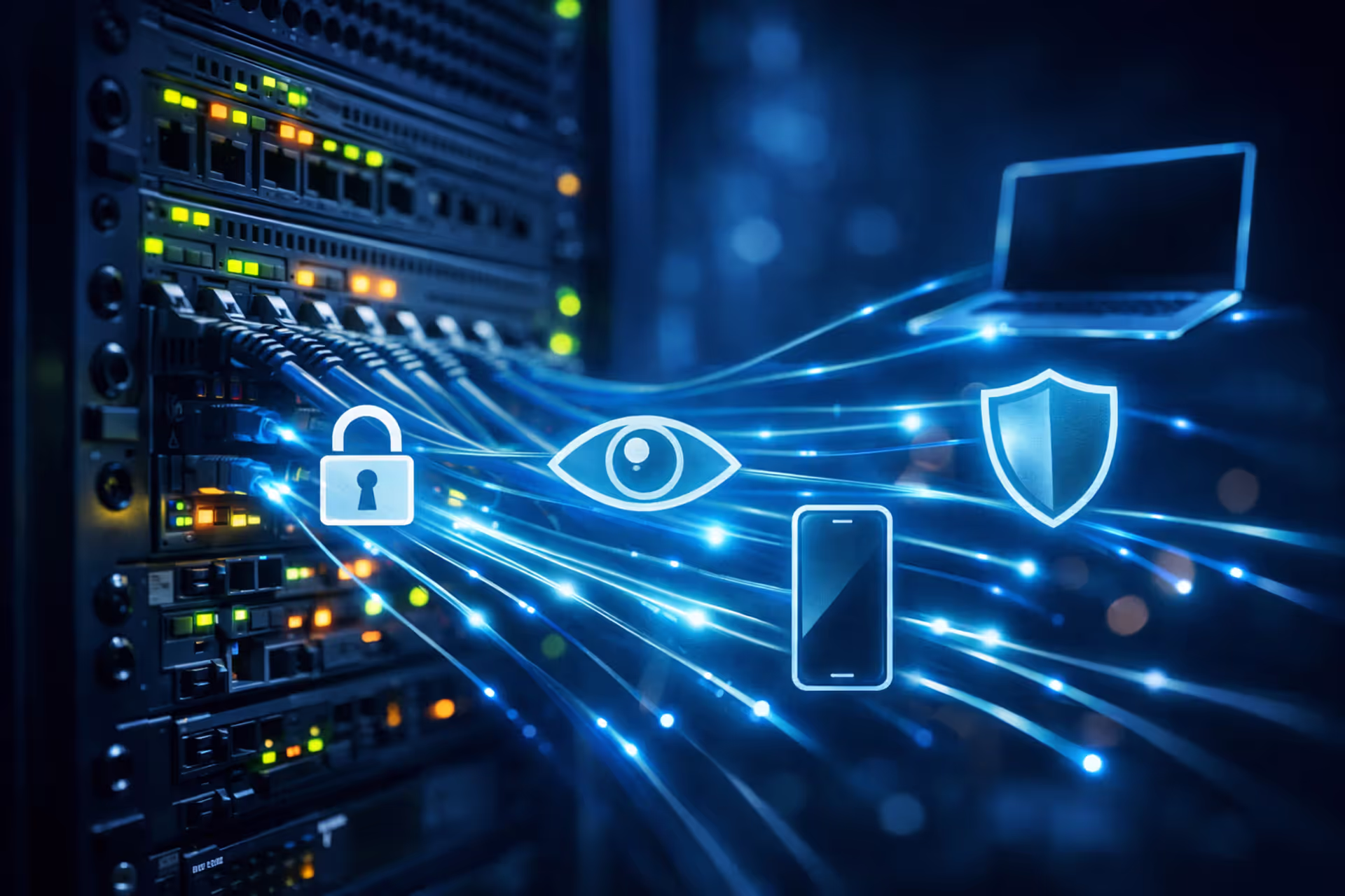 ISP server rack with glowing fiber optic cables connecting to laptop, smartphone and tablet silhouettes, with translucent lock, eye and shield icons overlay on dark blue background