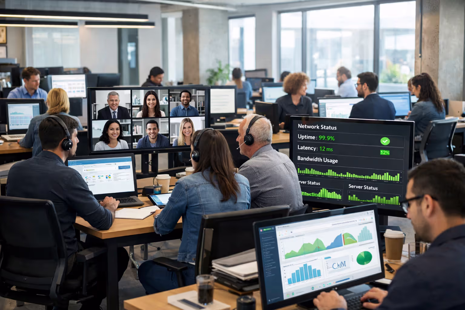 Busy modern office with employees on video conferences and cloud applications with network monitoring dashboard showing stable connection