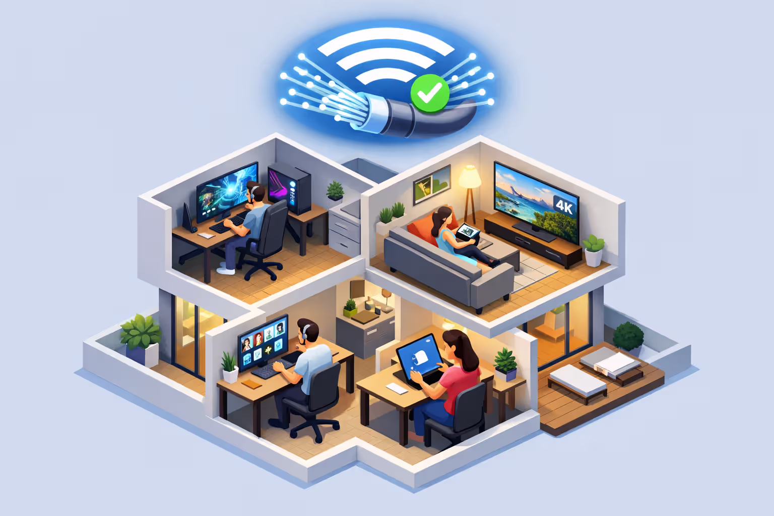 Isometric illustration of a modern household with multiple users simultaneously gaming streaming video calling and uploading files all connected through stable fiber optic internet