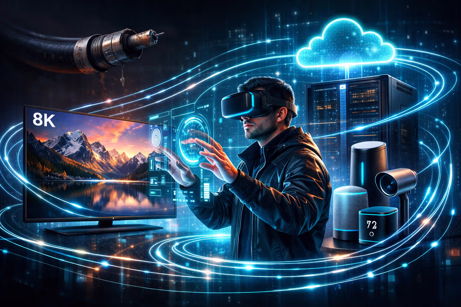 Futuristic scene showing a person using VR headset with 8K display and smart home devices connected by glowing fiber optic lines while an old disconnected coaxial cable lies in the background