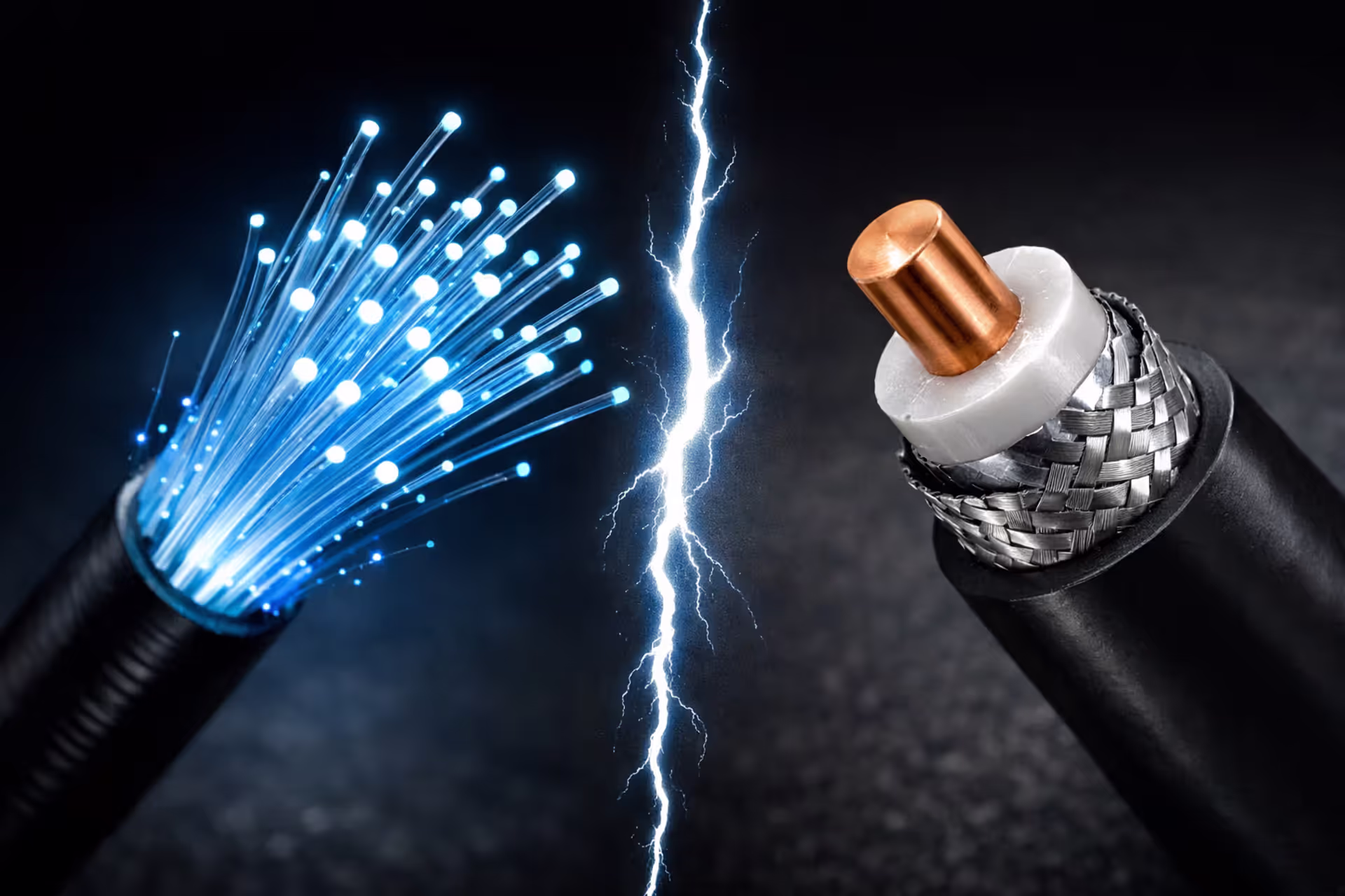 Fiber optic cable with blue light pulses compared side by side with a coaxial cable cross-section showing copper core and metal shielding on a dark background
