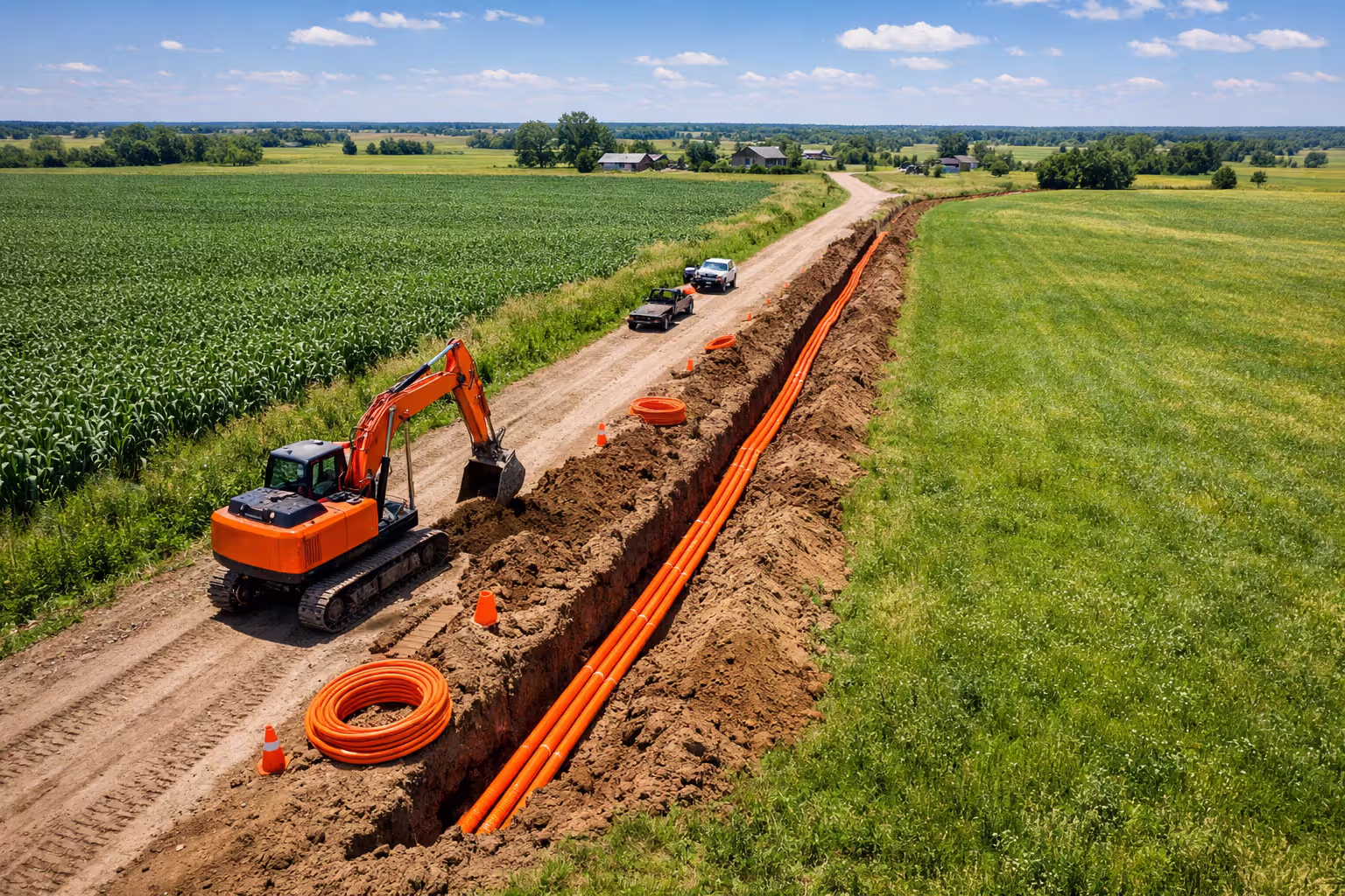 Aerial view of rural road with open trench for fiber-optic cable installation showing orange conduit pipes and excavator machinery surrounded by green farmland
