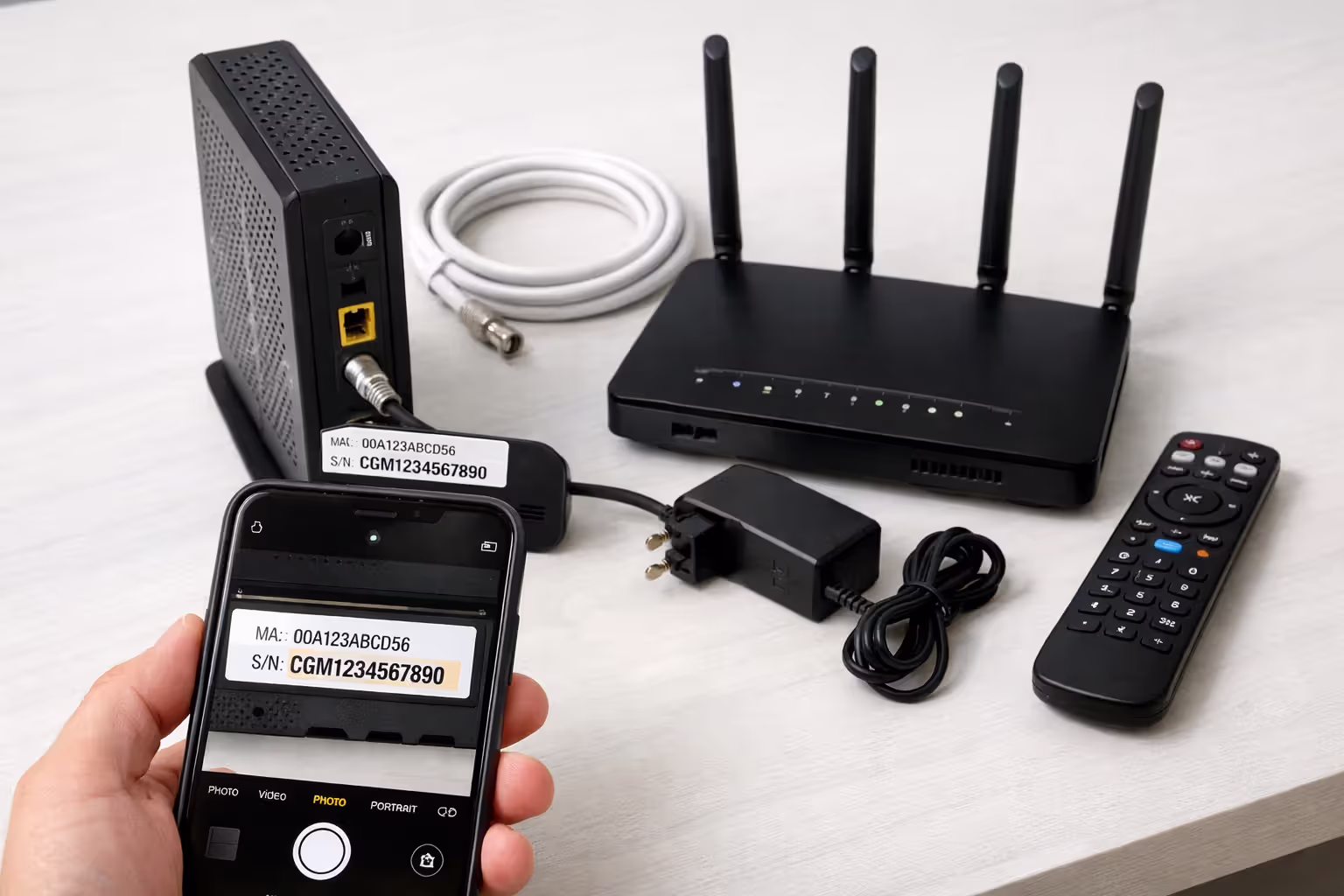 ISP equipment laid out on a table including modem, router, cables, and power supply, with a smartphone photographing serial numbers for documentation