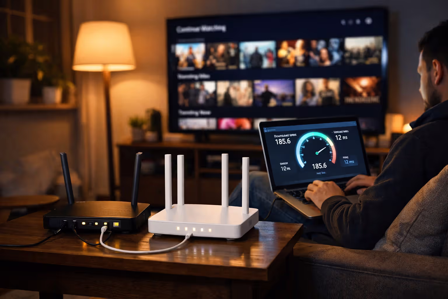 Living room in the evening with two routers on a coffee table, a TV streaming content, and a person on a couch running an internet speed test on a laptop, illustrating the overlap period when switching ISPs