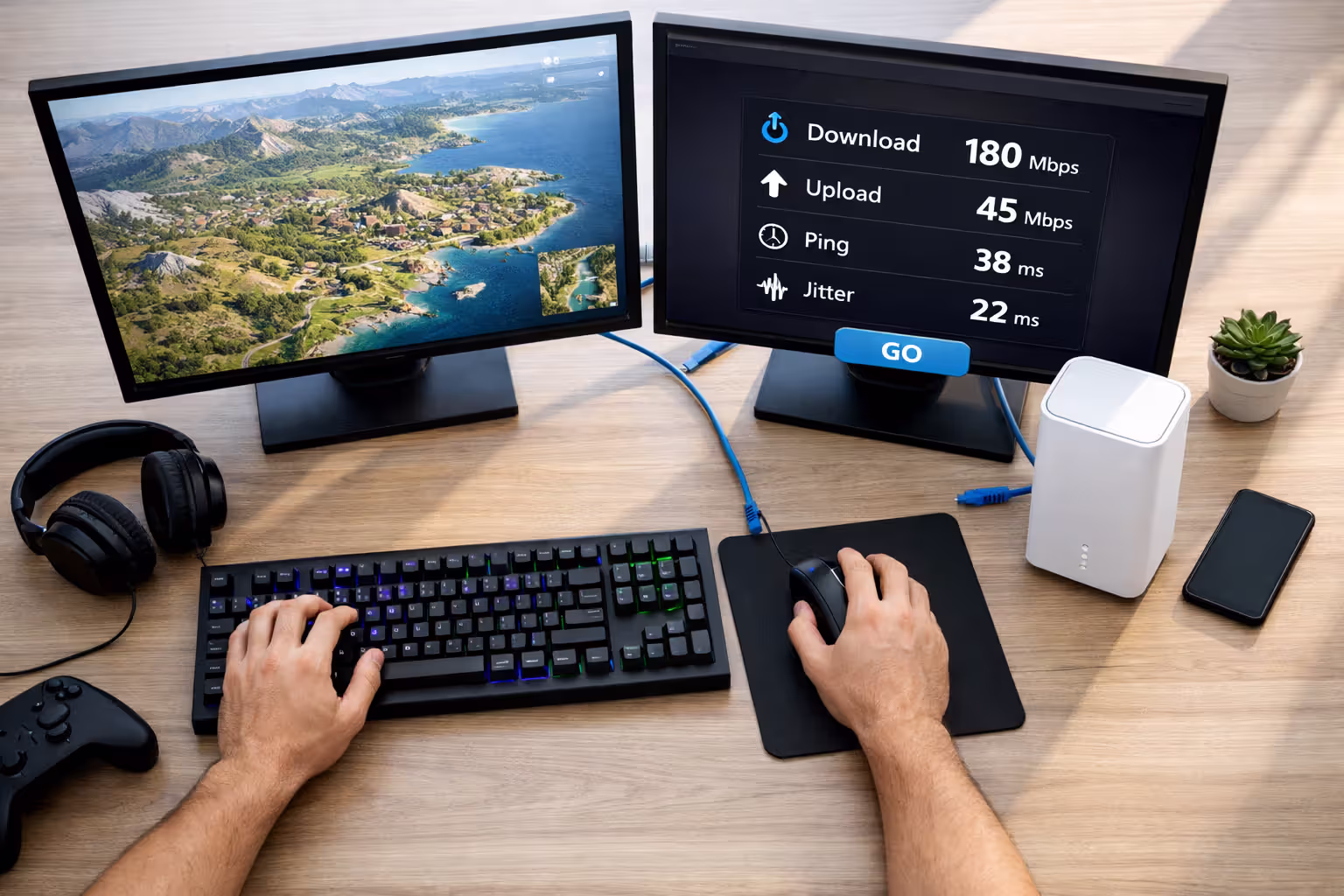 Top-down view of gamer desk with dual monitors showing multiplayer game and speed test results, 5G gateway connected via Ethernet cable
