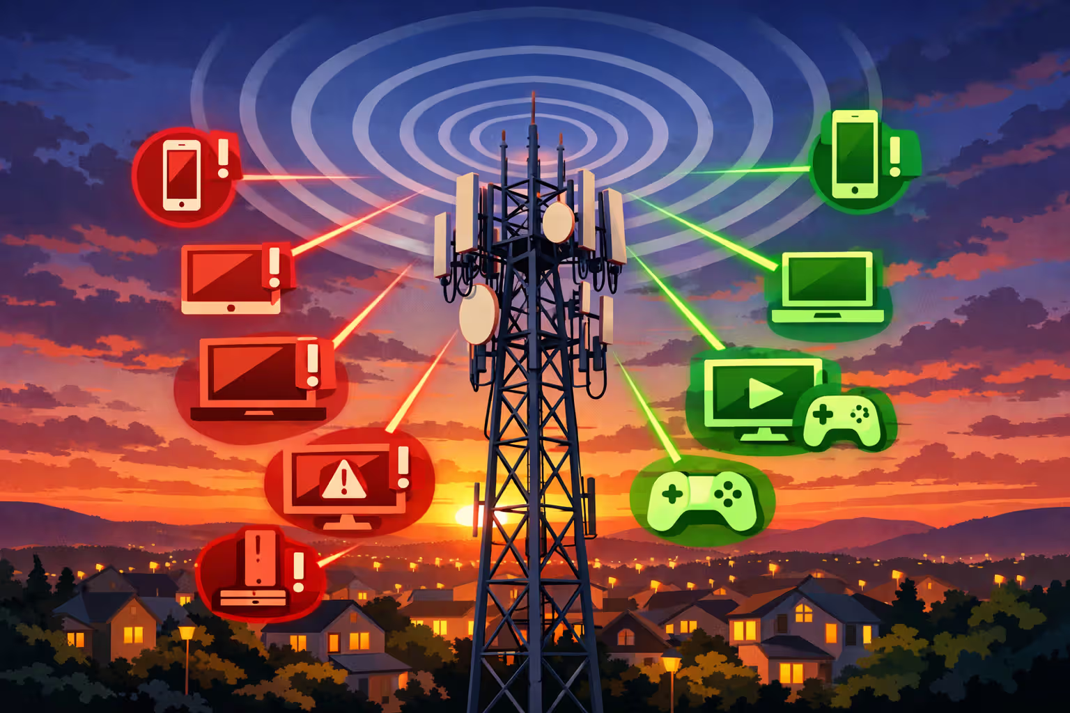 Evening suburban neighborhood with cell tower overwhelmed by multiple connected device icons showing network congestion during peak hours
