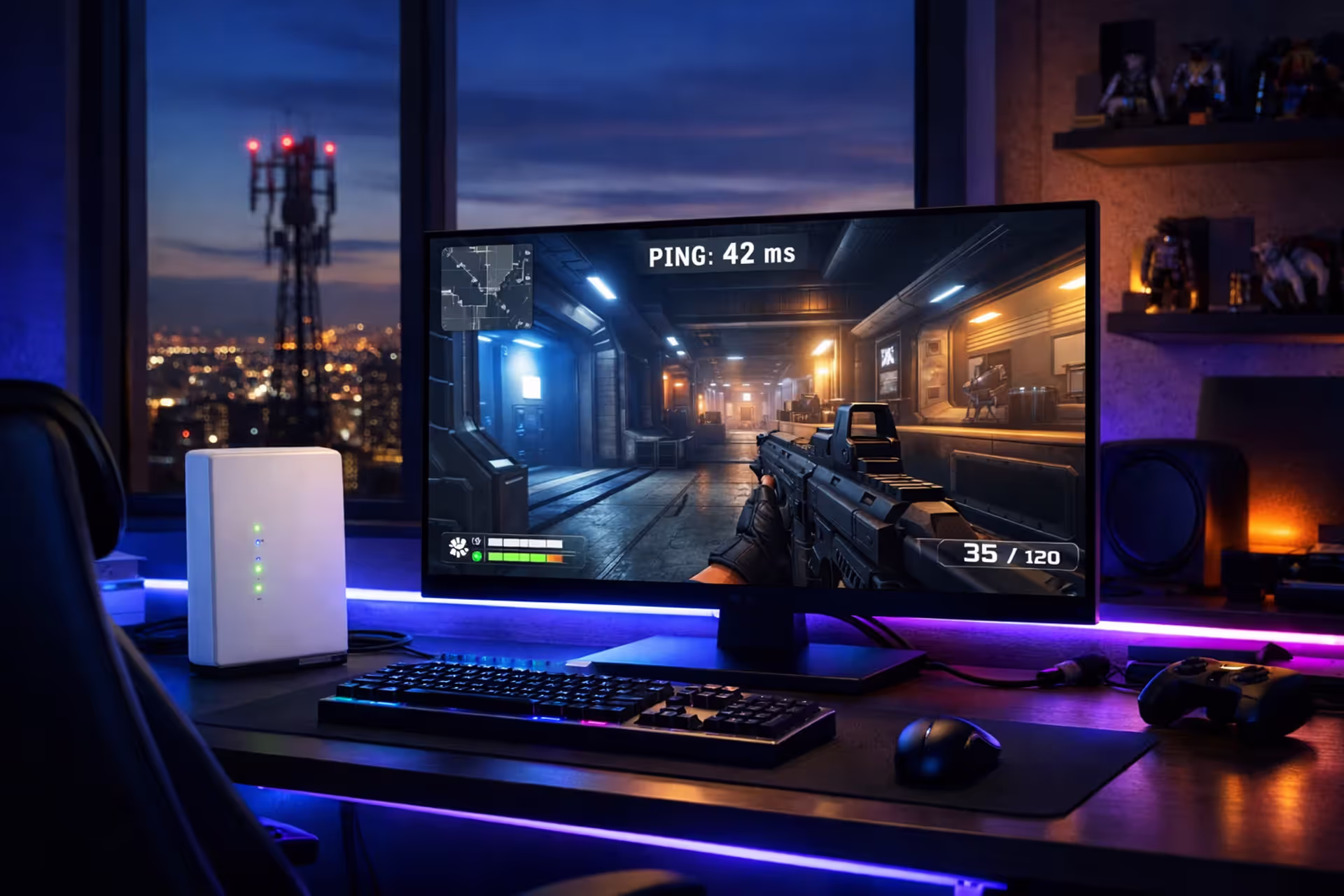 Gaming setup with 5G home internet gateway next to a monitor showing an online multiplayer game with ping overlay, cell tower visible through window