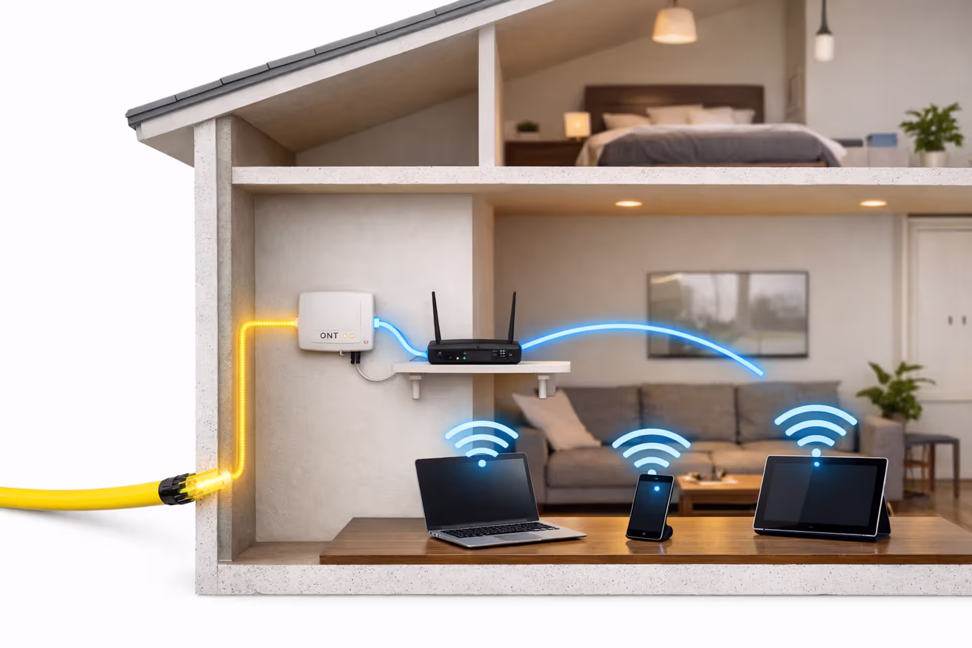 Cutaway view of a modern home showing fiber optic cable entering the wall, connecting to an ONT device, then to a WiFi router broadcasting wireless signal to laptops and smartphones