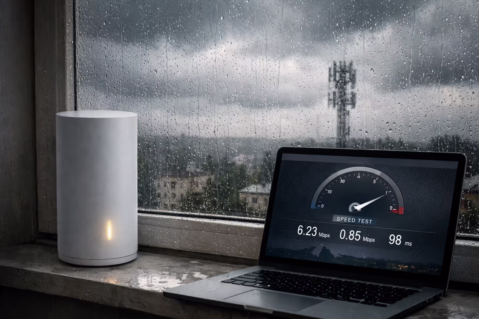 Home internet gateway on a windowsill during heavy rain with a laptop showing reduced speed test results and a cell tower visible through the rainy window