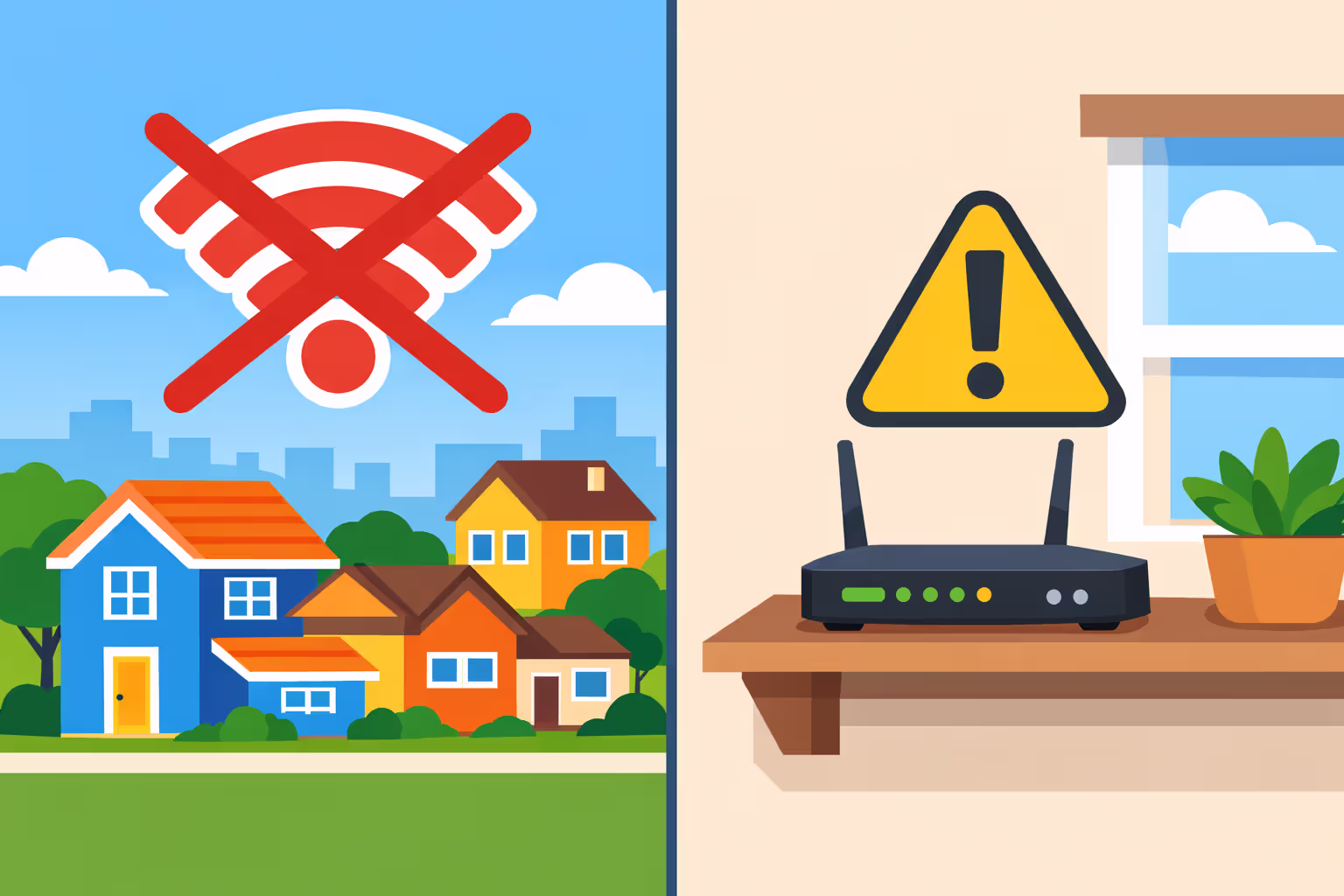 Split illustration comparing neighborhood-wide internet outage on left versus single household connection issue on right