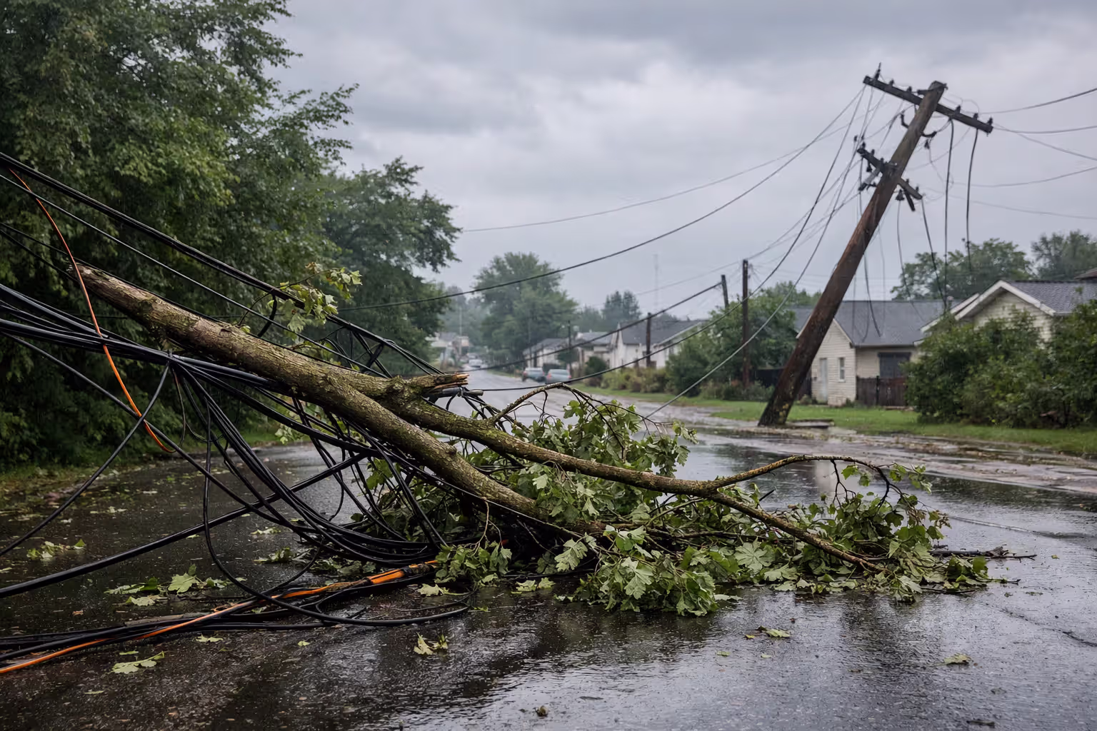 Suburban street after storm with fallen tree branch on damaged cable lines and leaning utility pole