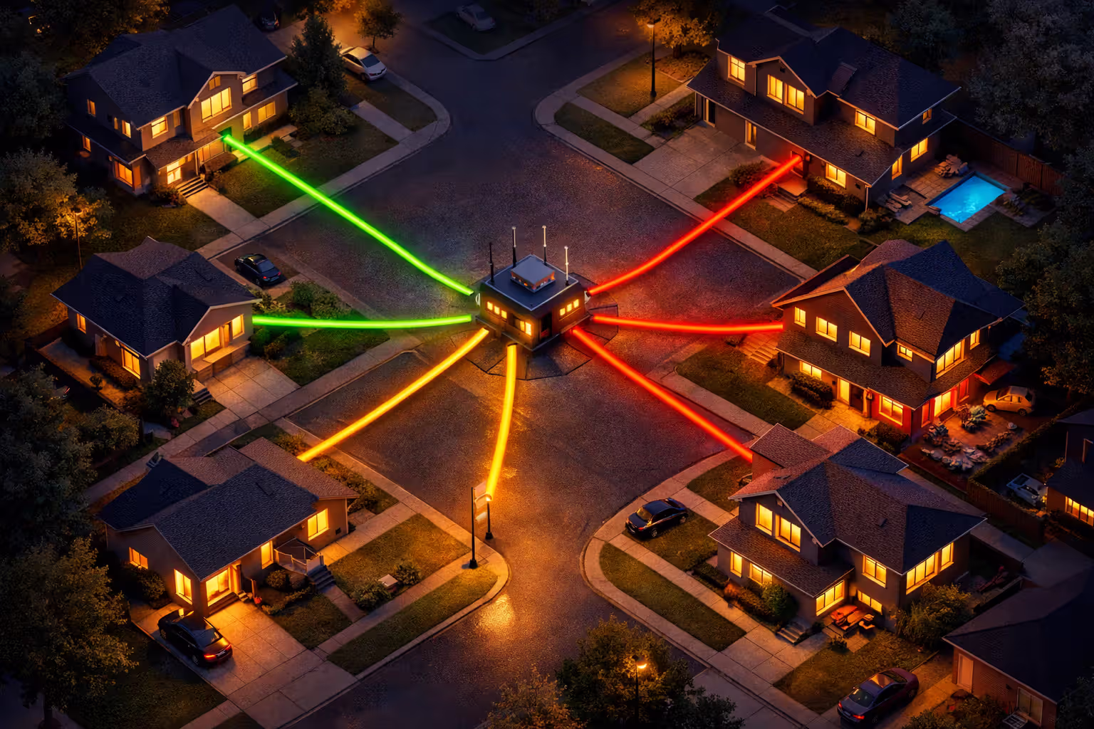 Aerial view illustration of a residential neighborhood showing multiple homes connected to a single network node with color-coded lines indicating bandwidth congestion levels
