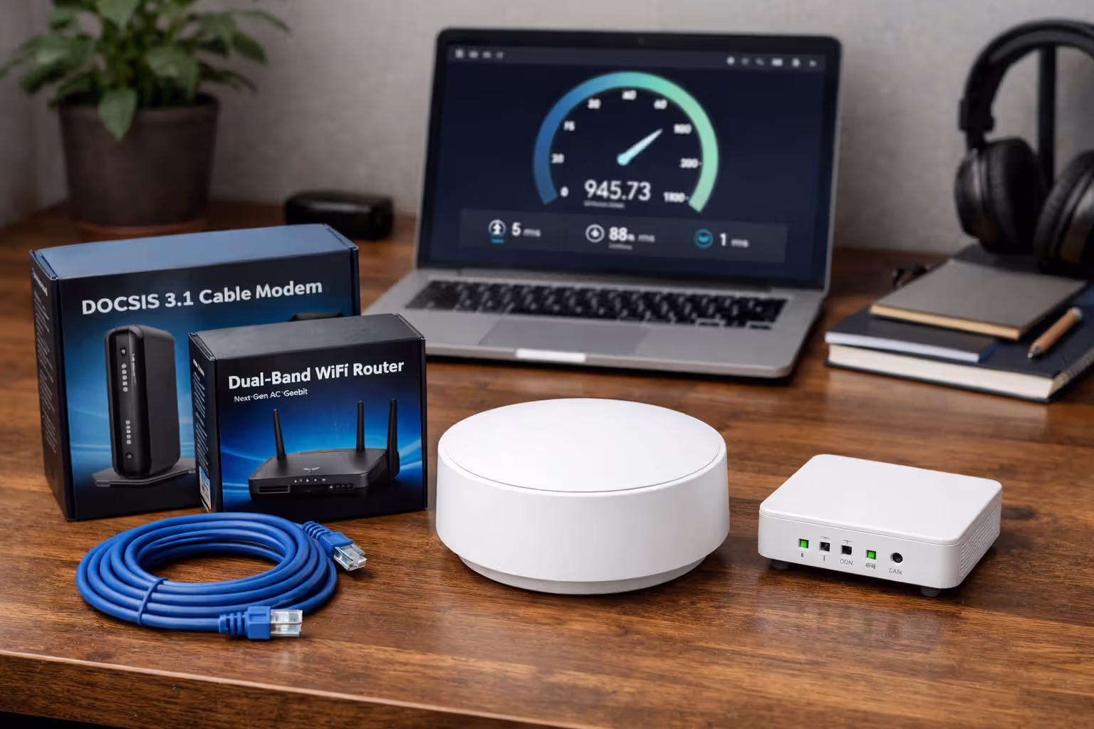 Home office desk with WiFi 6 mesh router DOCSIS 3.1 cable modem ONT terminal and laptop showing internet speed test results