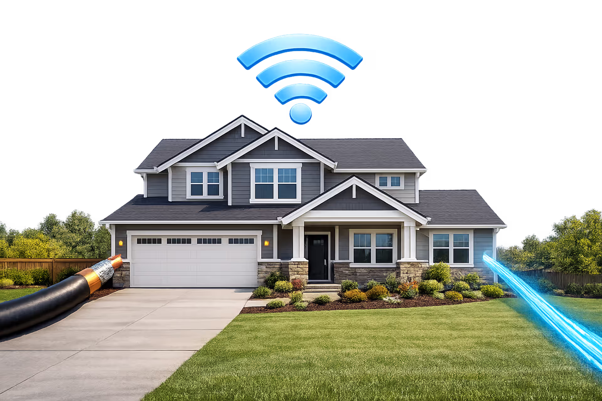 Suburban American house with coaxial cable and glowing fiber optic cable connections showing two types of internet technology