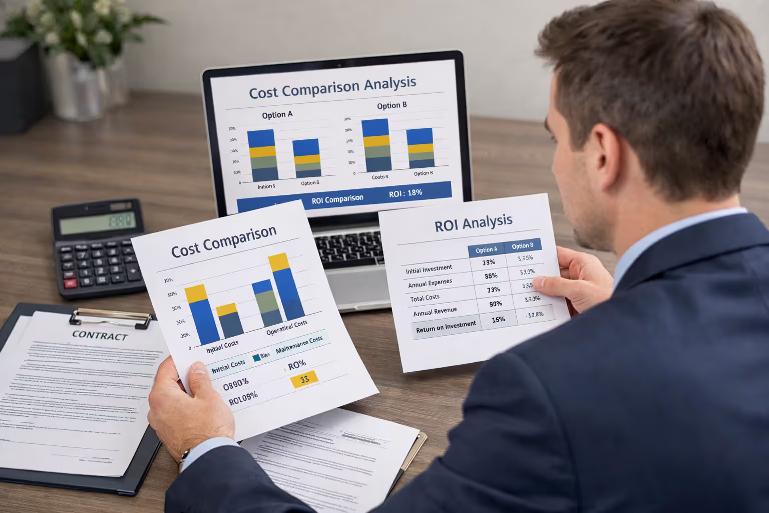 Business professional analyzing cost comparison documents and ROI calculations for internet service contracts at office desk