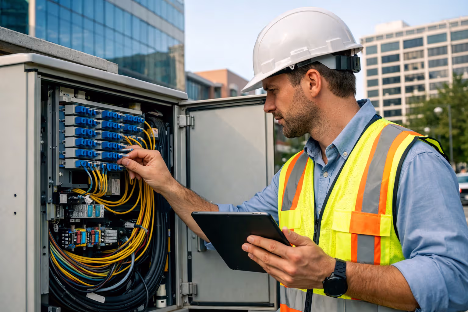 Telecom engineer conducting fiber optic site survey at commercial building inspecting distribution cabinet with tablet