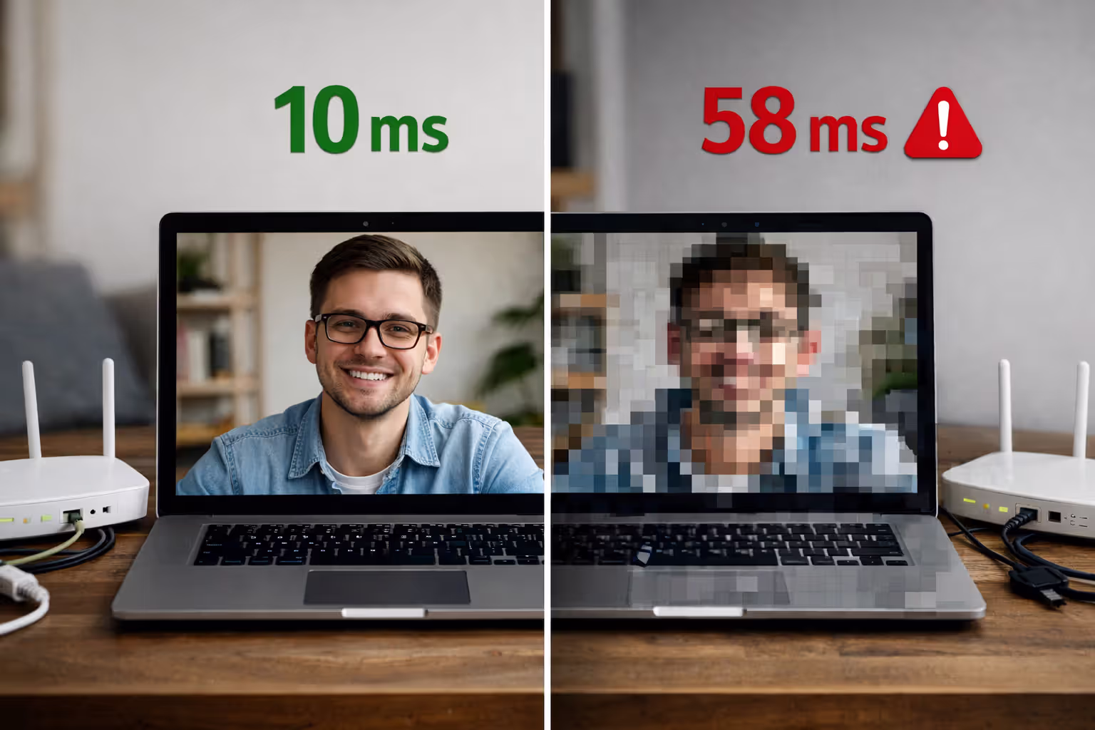 Split screen comparison showing stable clear video call with 10 ms ping on fiber versus pixelated frozen video call with 58 ms ping on coax connection