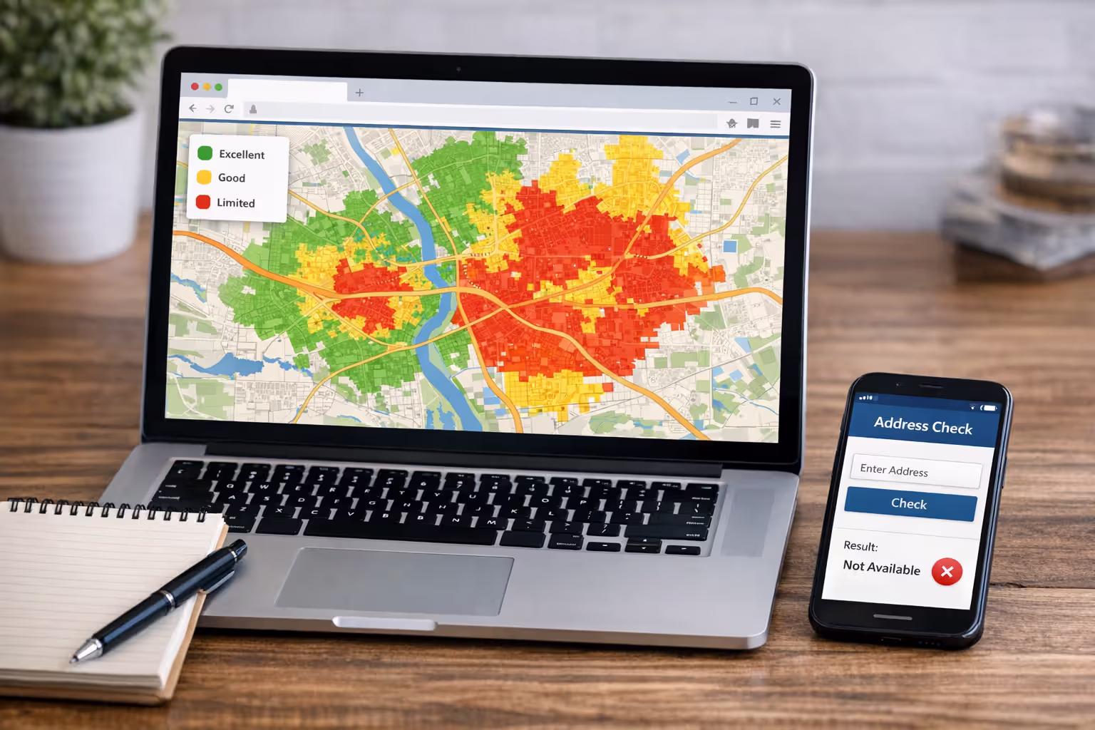 Laptop screen displaying an ISP coverage map with colored availability zones next to a smartphone showing an address checker tool on a home desk