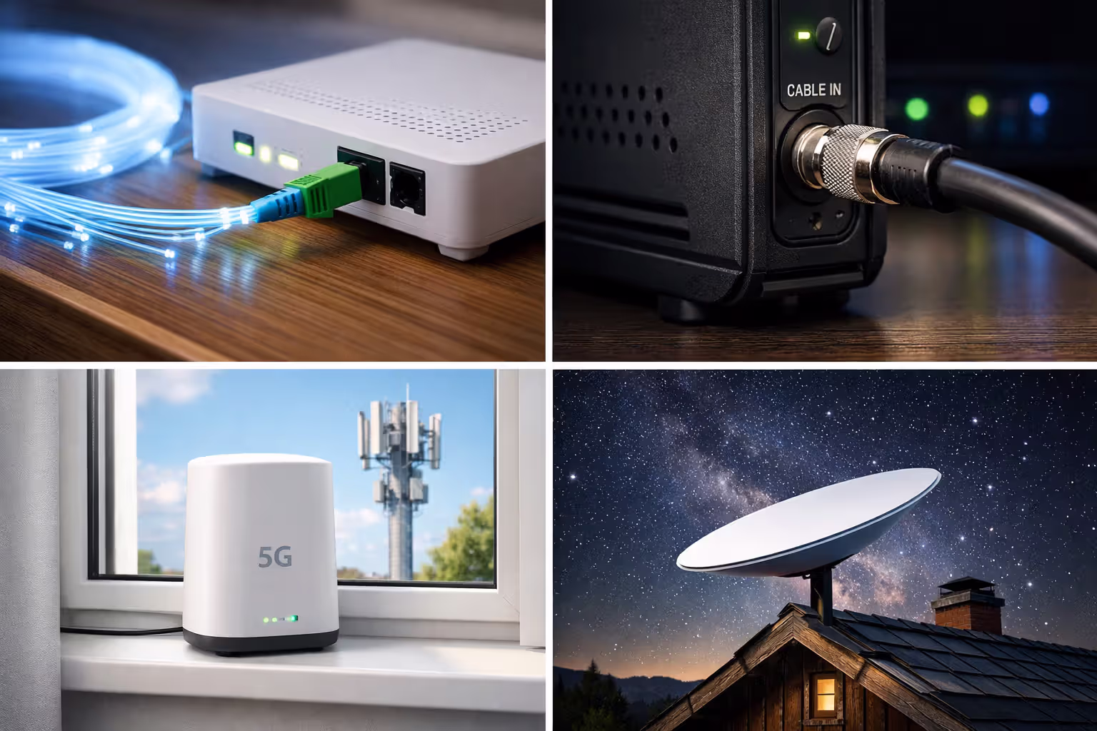 Four-panel collage showing different internet connection types: fiber optic terminal, coaxial cable modem, 5G home router near window with cell tower visible, and satellite dish on rural house roof under starry sky