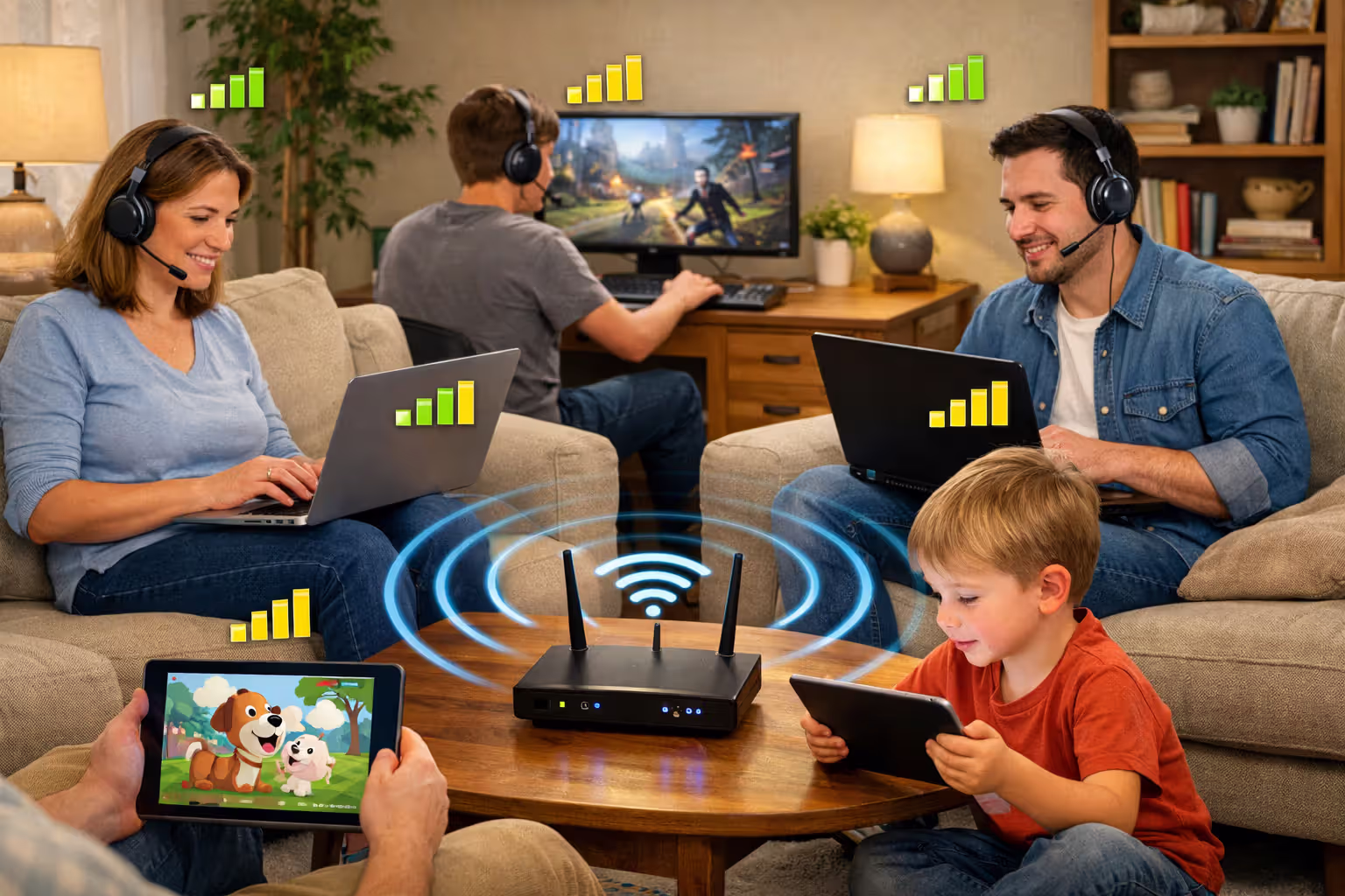 Family of four in a living room simultaneously using internet — two adults on video calls with laptops, teenager gaming on desktop, child watching tablet — with Wi-Fi router in center emitting signal waves