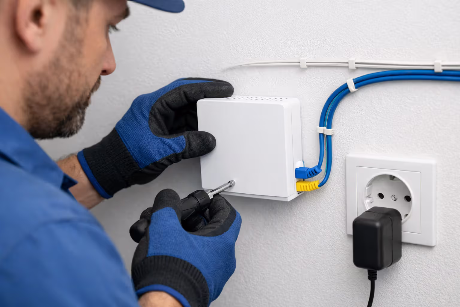 Technician mounting a white ONT device on an interior wall with fiber optic and Ethernet cables connected during home installation