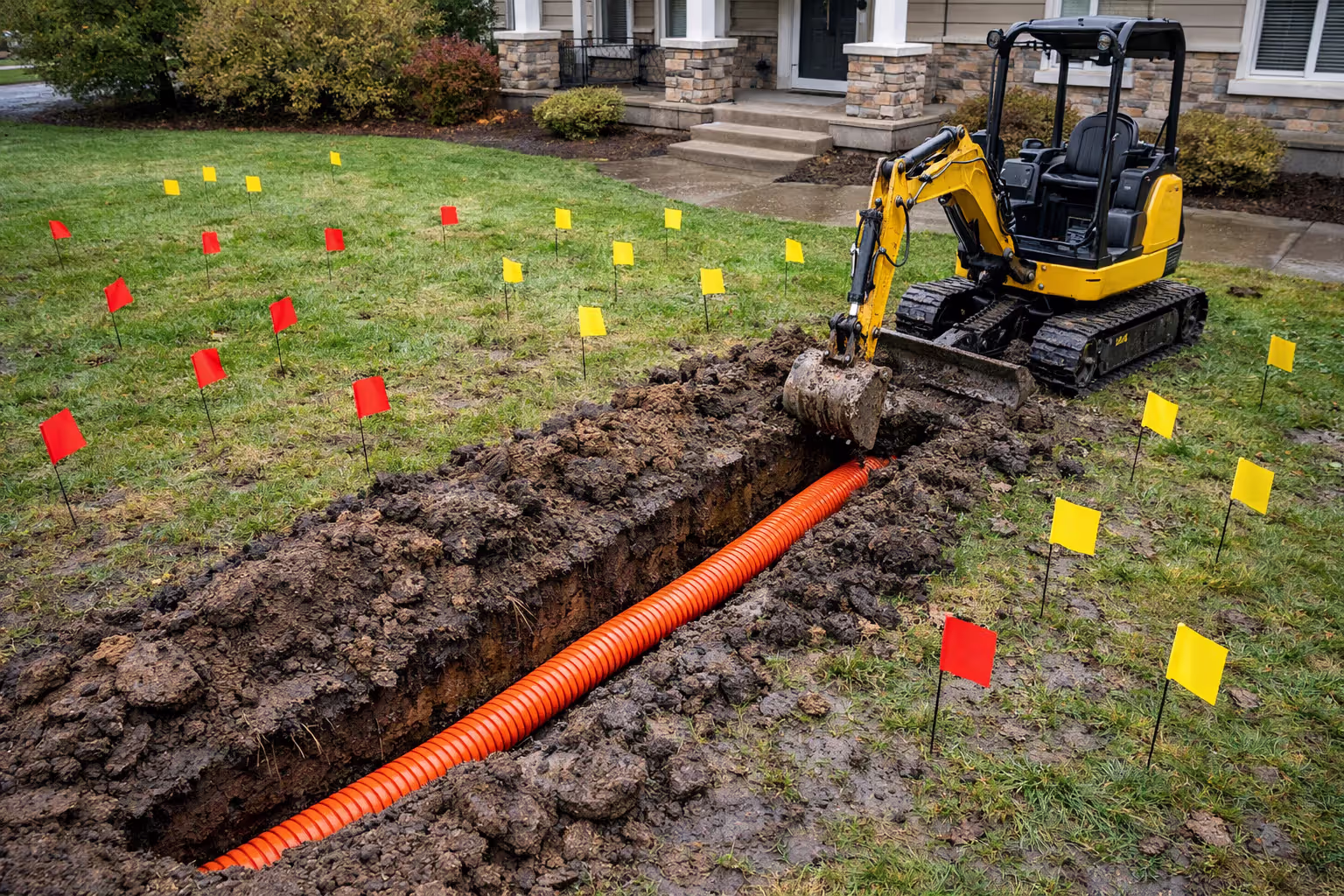 Residential yard with underground utility markers and an open trench with orange conduit for fiber optic cable installation on a cloudy day