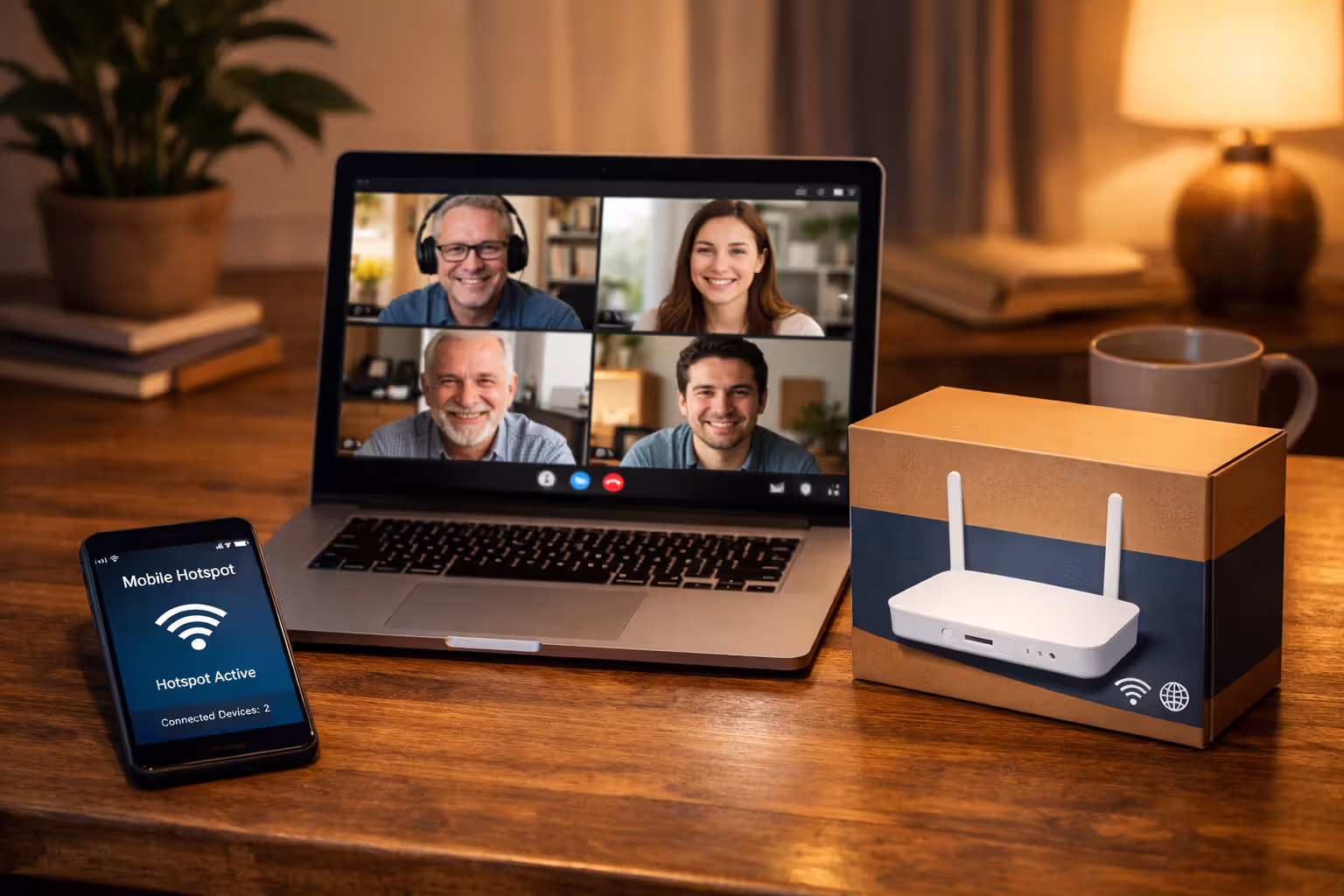 Smartphone used as a mobile hotspot next to a laptop showing a video call, with an unopened router box on a desk representing temporary internet while waiting for fiber installation