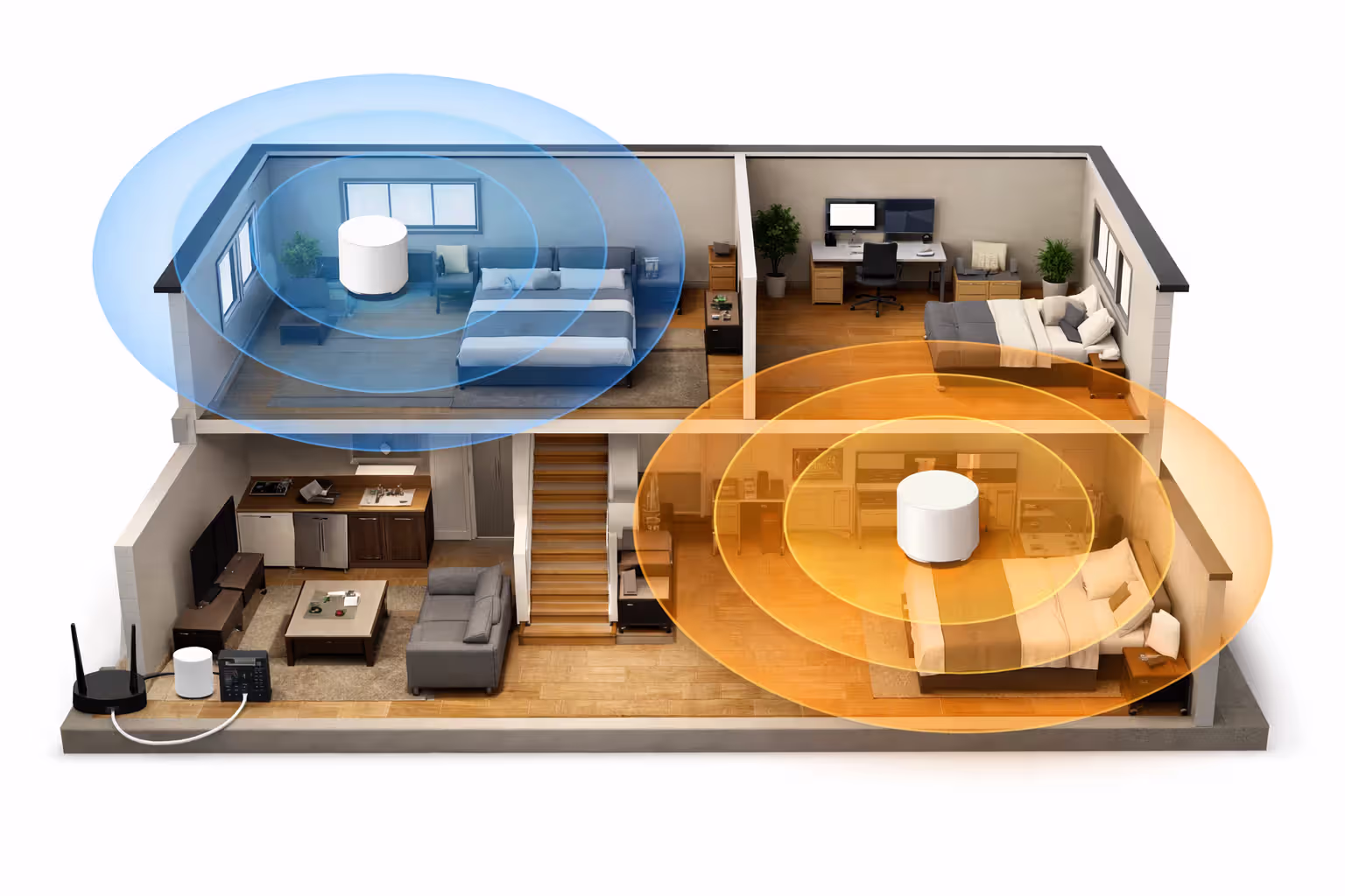 Top-down cutaway view of a two-story house with a main router on the first floor and two mesh WiFi satellite nodes placed on different floors, showing overlapping circular WiFi coverage zones filling the entire home