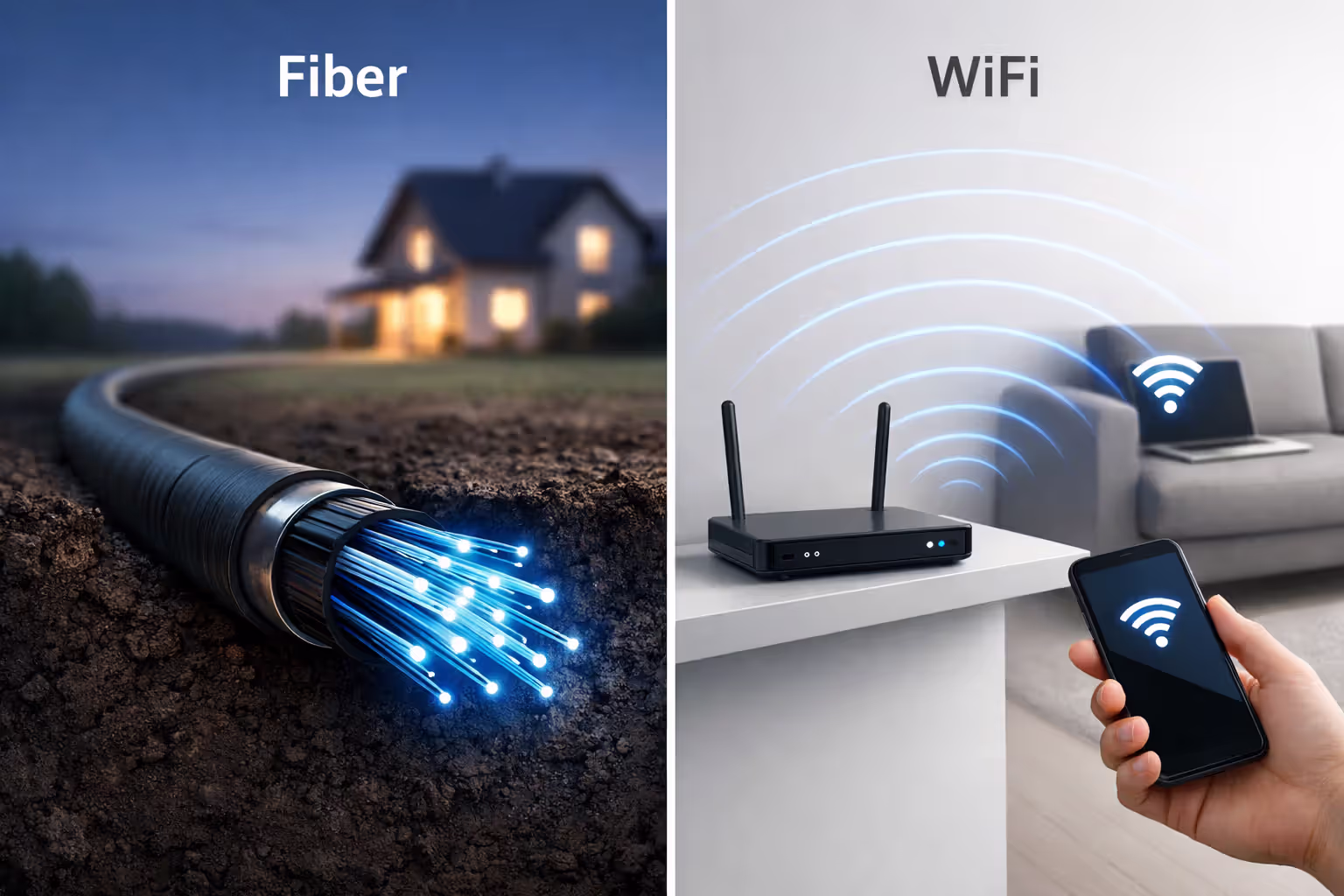 Side-by-side comparison showing fiber optic cable with glowing glass strands going underground toward a house on the left, and a WiFi router emitting radio waves to devices in a living room on the right