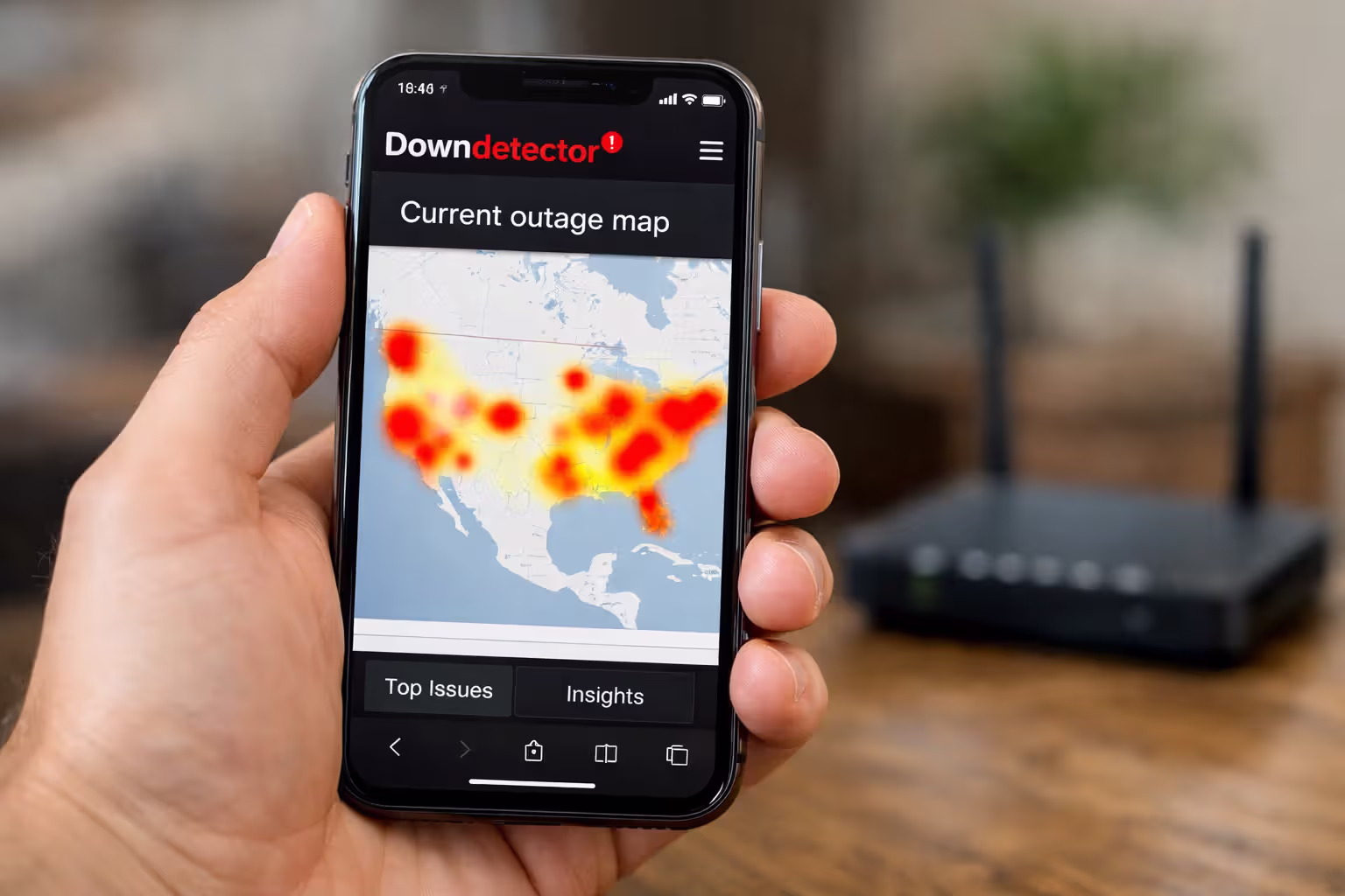 Hand holding a smartphone displaying Downdetector outage heat map with red hotspots while a modem with dark indicator lights is visible in the background