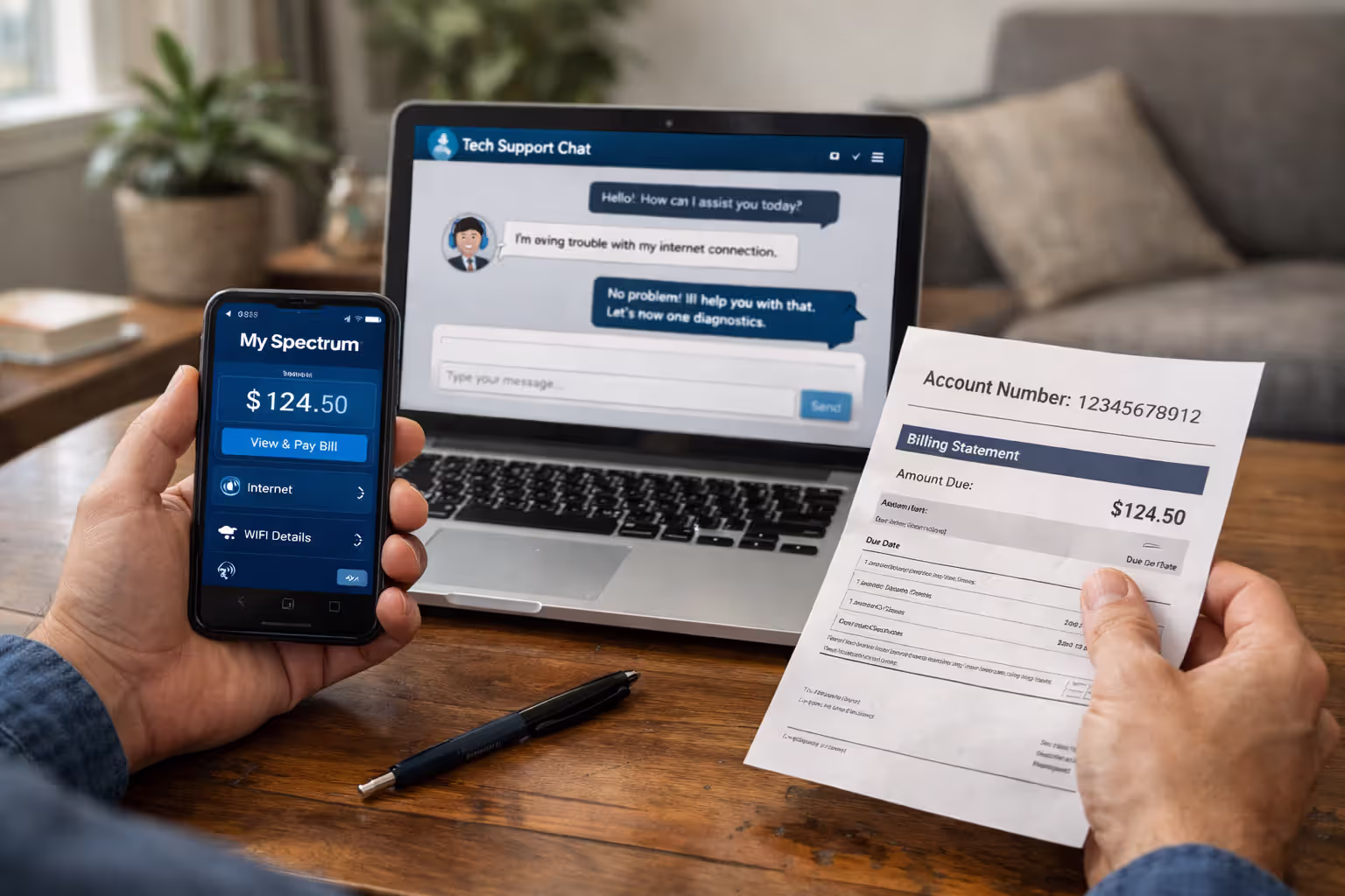 Person at a desk with laptop showing support chat window, holding a smartphone with My Spectrum app in one hand and a paper bill in the other