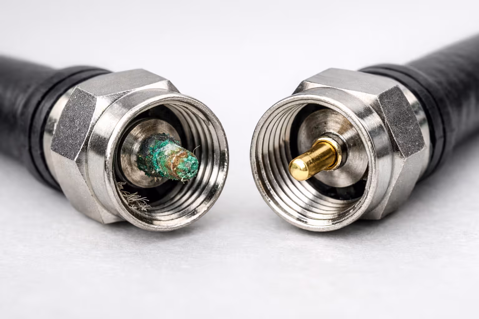 Close-up comparison of two coaxial cable F-connectors, one with green corrosion on the center pin and one clean, on a neutral light background