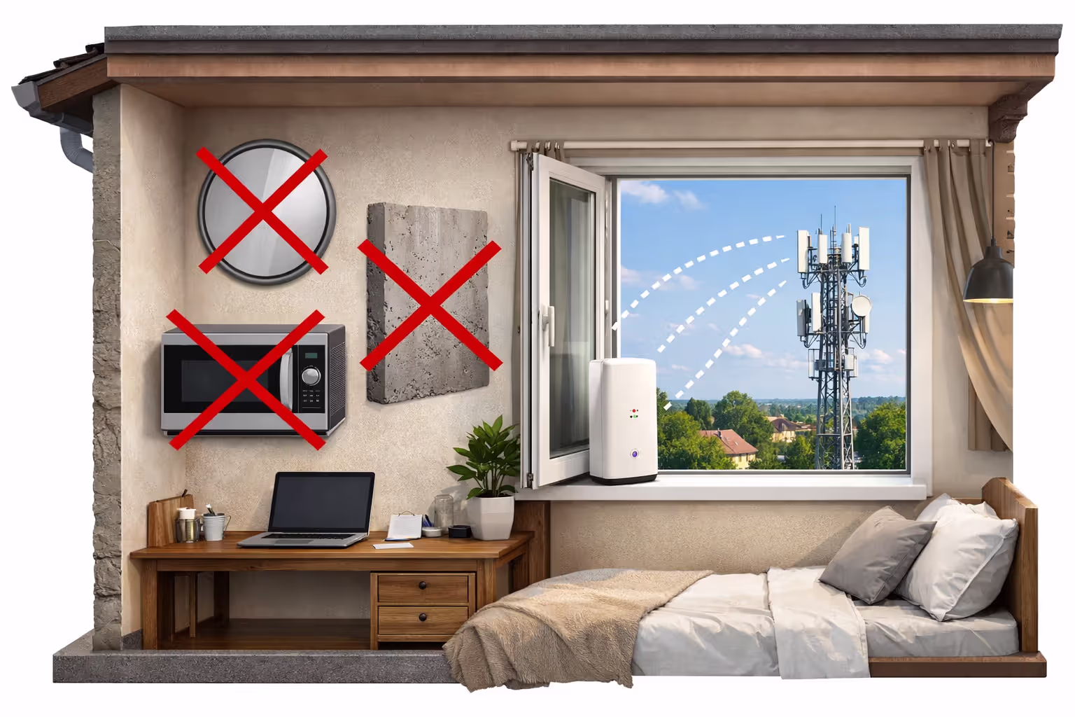 Cutaway room illustration showing a 5G gateway on a second-floor windowsill receiving signal from a nearby cell tower with crossed-out interference sources like mirrors and concrete walls