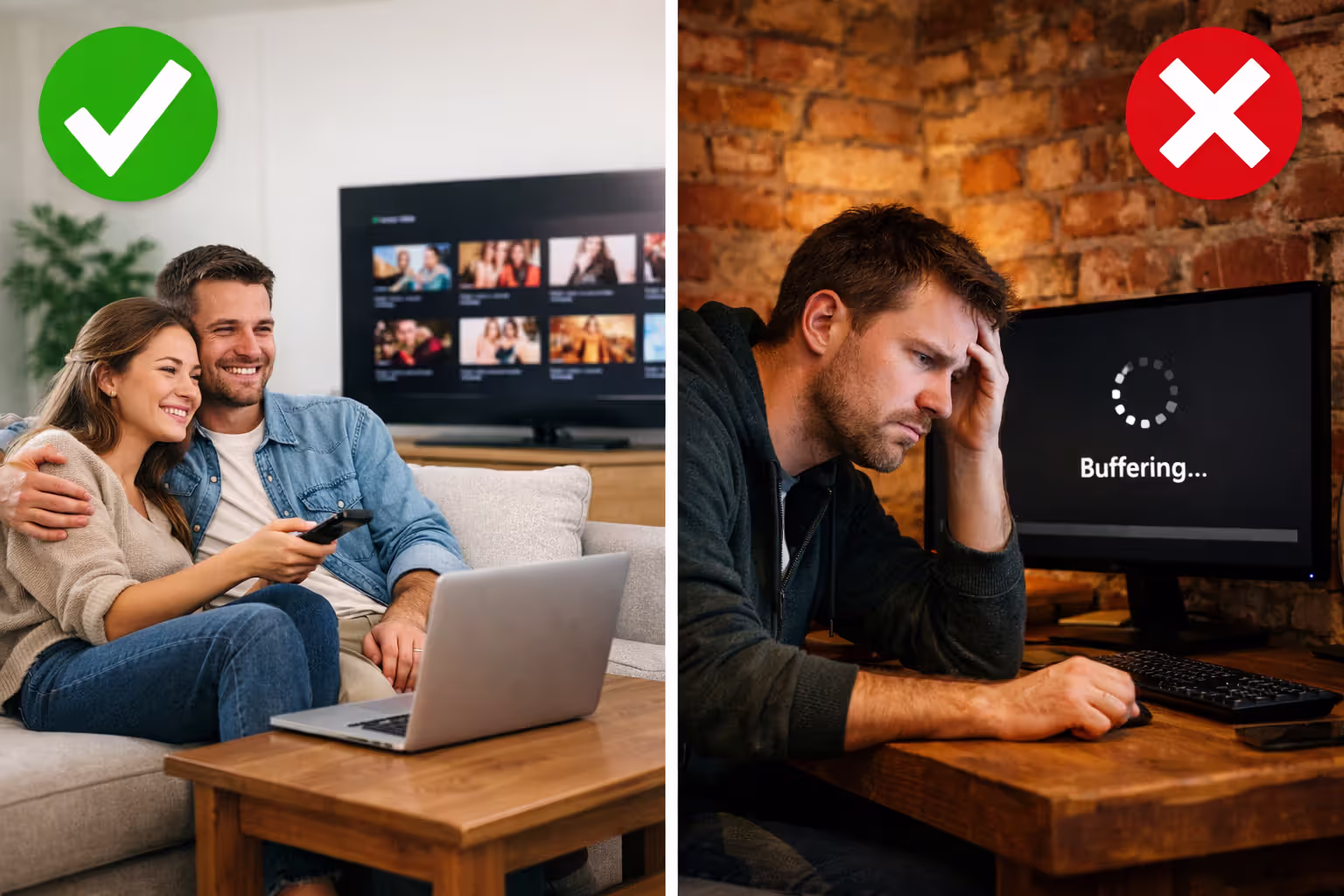 Split-screen comparison showing ideal Verizon 5G Home user in city apartment enjoying streaming versus frustrated user in rural brick house experiencing buffering issues