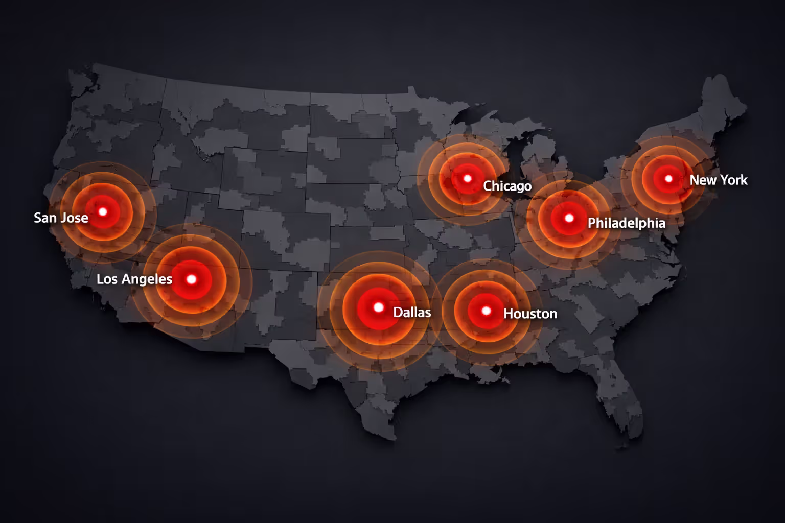 Stylized map of the United States highlighting major metropolitan areas with Verizon 5G Home coverage zones shown as red circles fading into suburbs with gray uncovered rural areas Сводная проверка правил размещения: