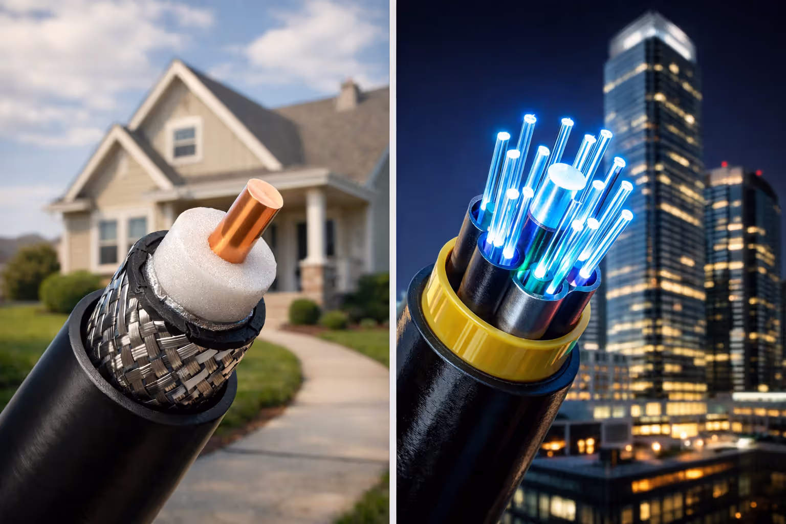 Split comparison image showing a cross-section of coaxial cable leading to a suburban house on the left and fiber-optic cable leading to an urban building on the right