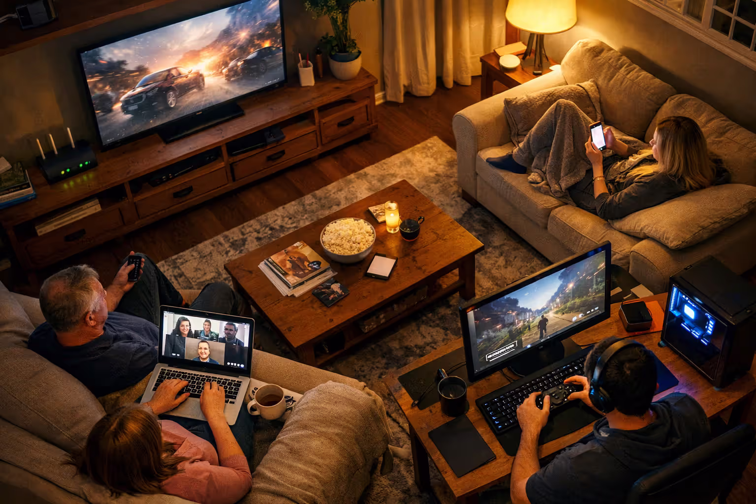 Family in living room using multiple internet connected devices simultaneously including TV laptop gaming monitor and smartphone with WiFi router