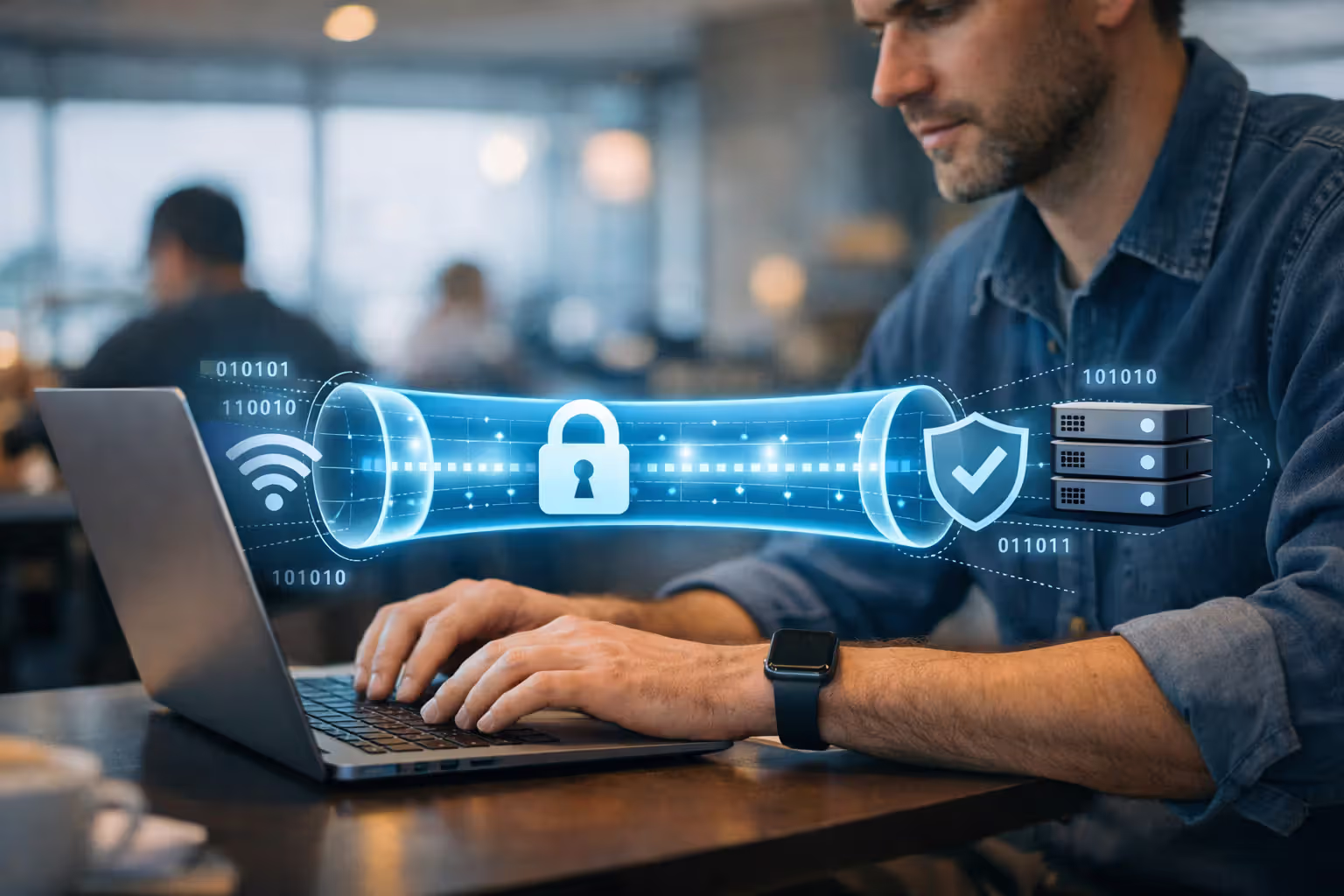 Person using a laptop on public Wi-Fi with a VPN-secured connection illustration