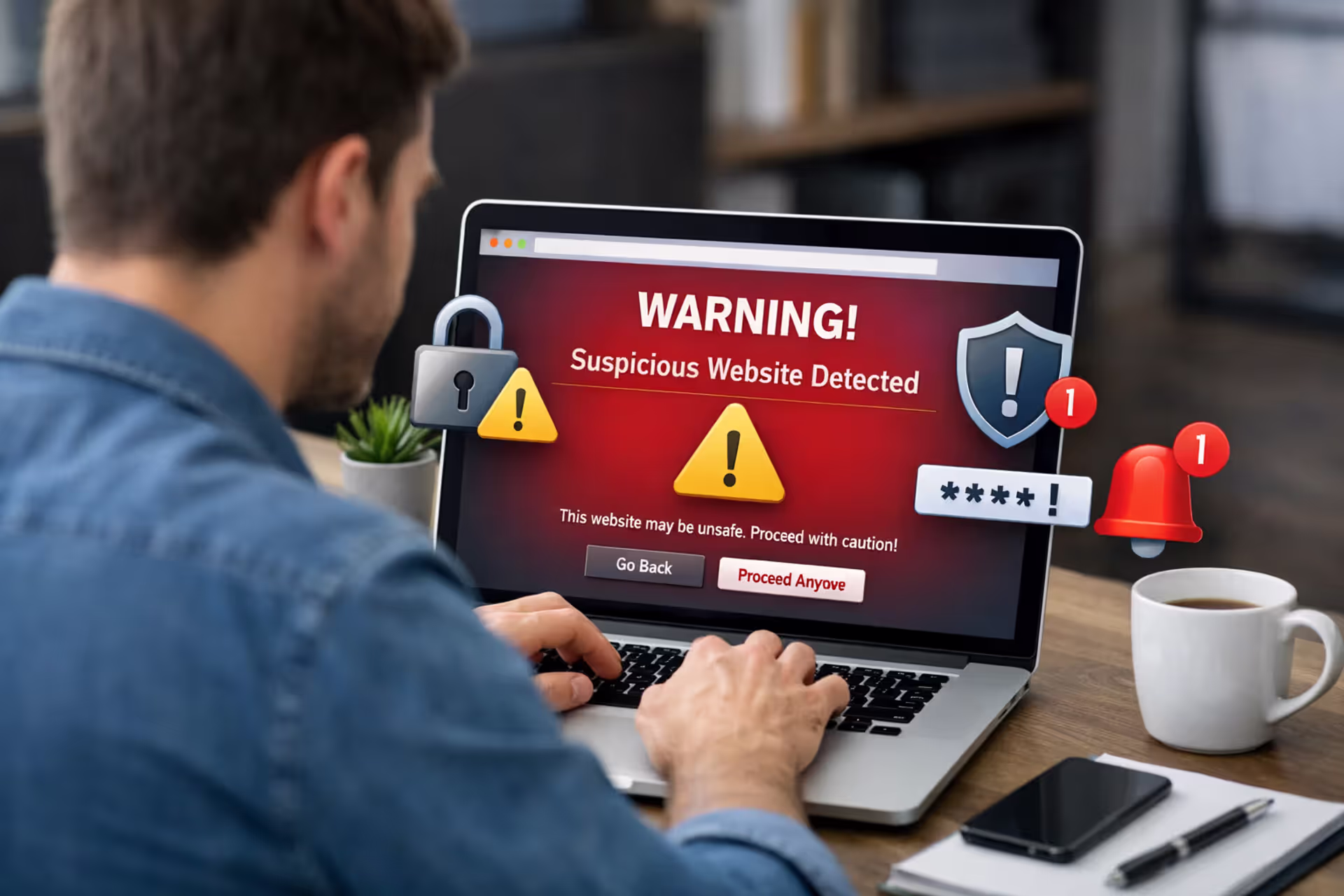 Person using a laptop with a browser security warning and privacy icons