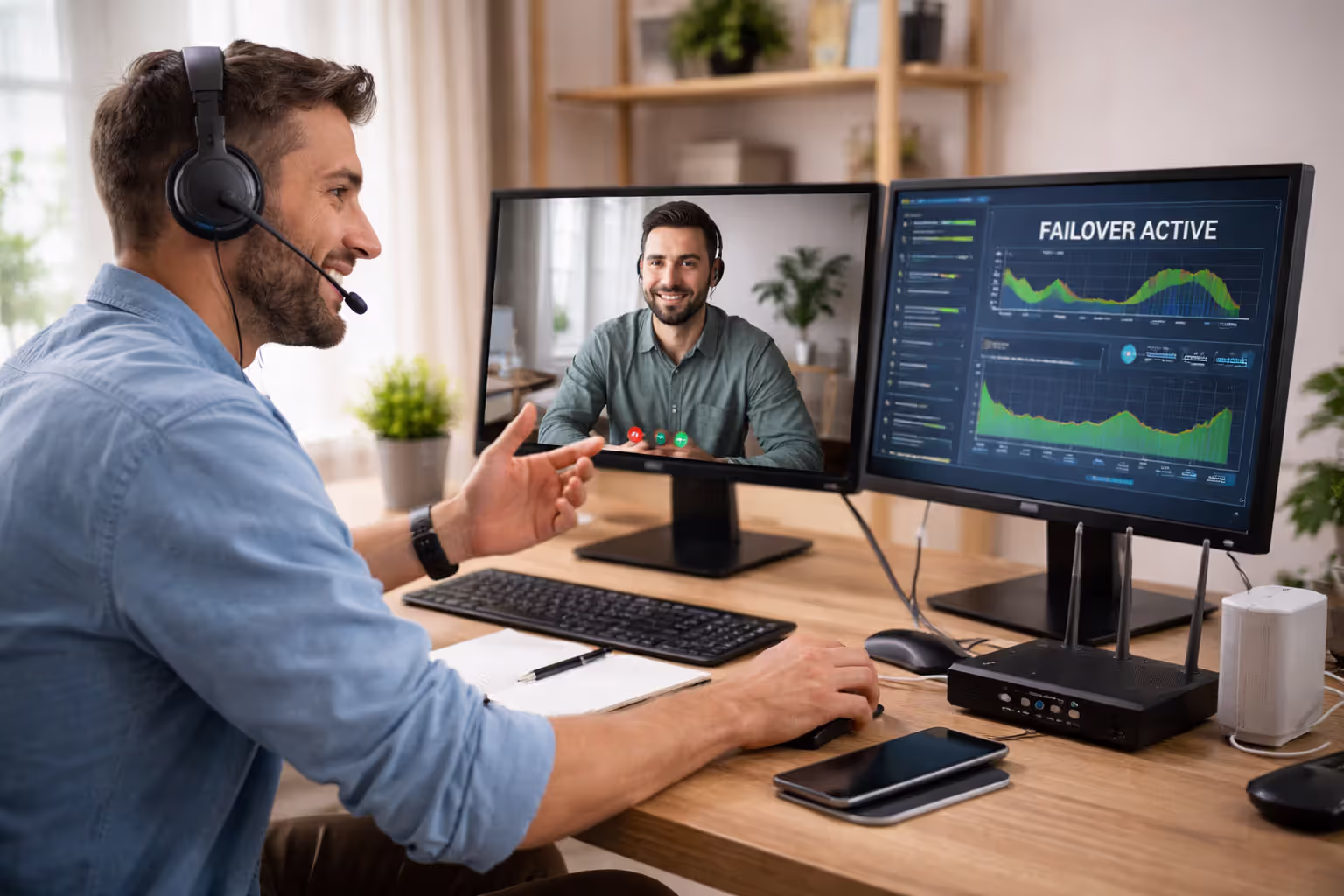 Remote worker relying on redundant internet during a video call
