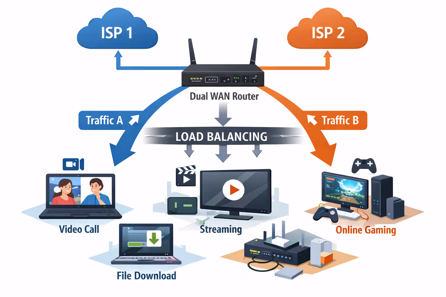 Dual WAN router balancing traffic across two internet connections