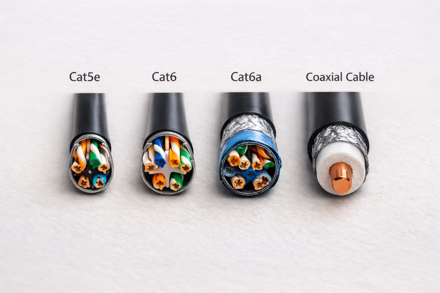 Four network cables compared side by side on light surface: Cat5e, Cat6, Cat6a, and coaxial cable, showing cross-sections and internal structure