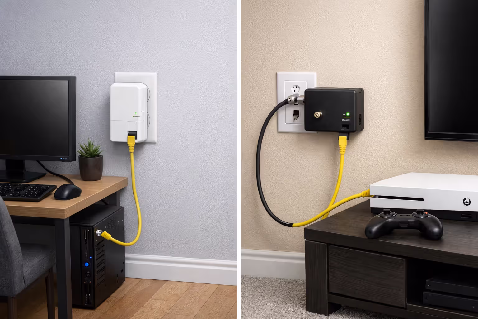 Split image comparing two networking solutions: left side shows powerline adapter plugged into wall outlet with Ethernet to computer, right side shows MoCA adapter connected to coaxial wall port with Ethernet to gaming console
