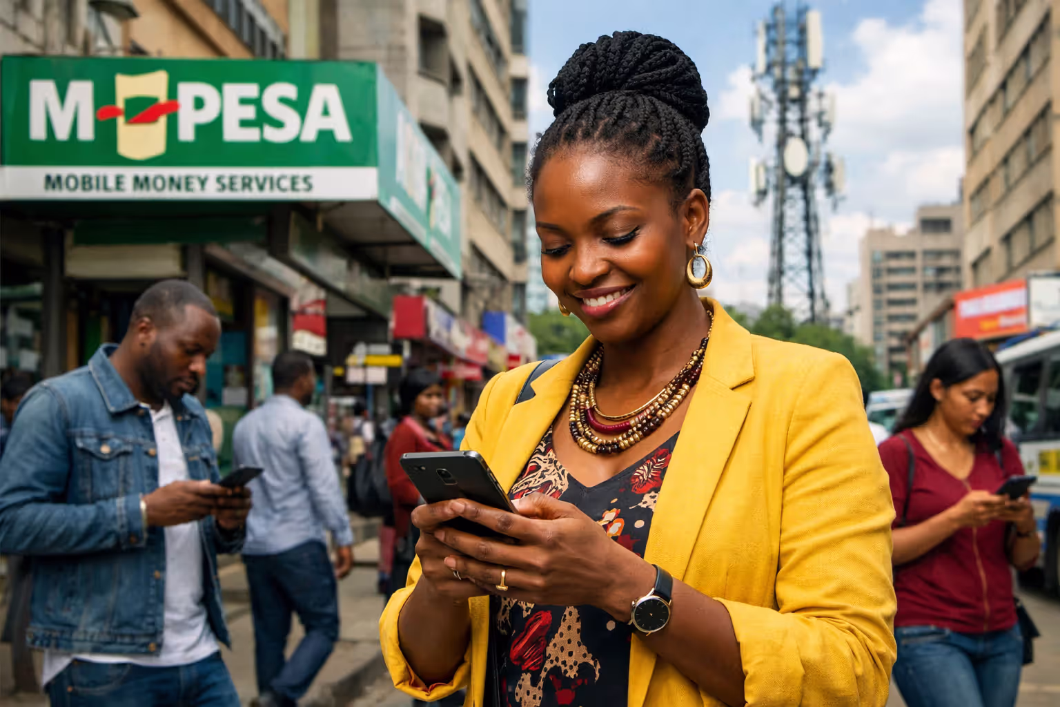 African woman entrepreneur using mobile payment app on smartphone in a busy Nairobi street with cell tower and mobile money kiosk in background