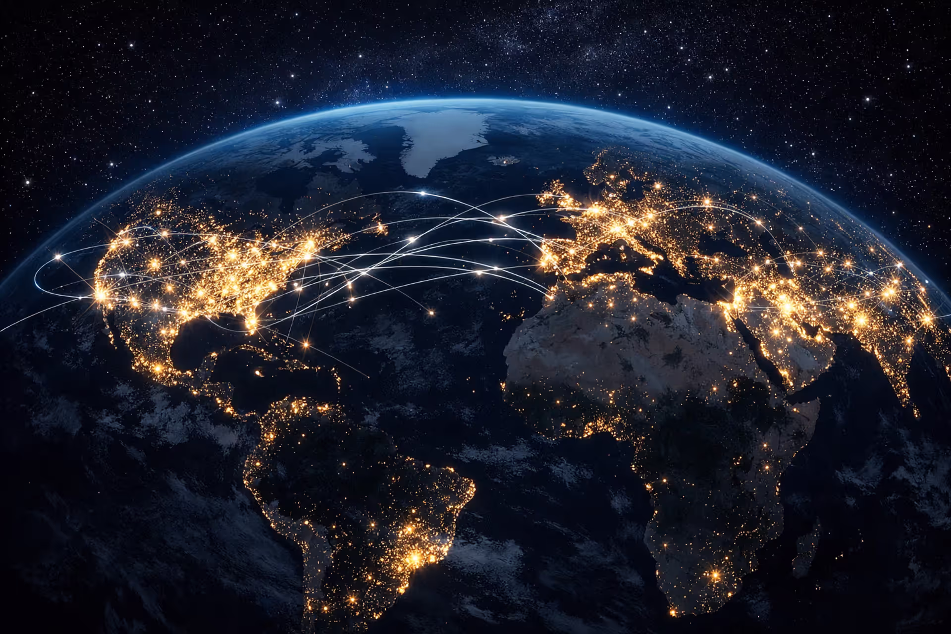 Night view of Earth from space showing illuminated internet connection nodes and city lights with visible digital divide between connected and unconnected regions